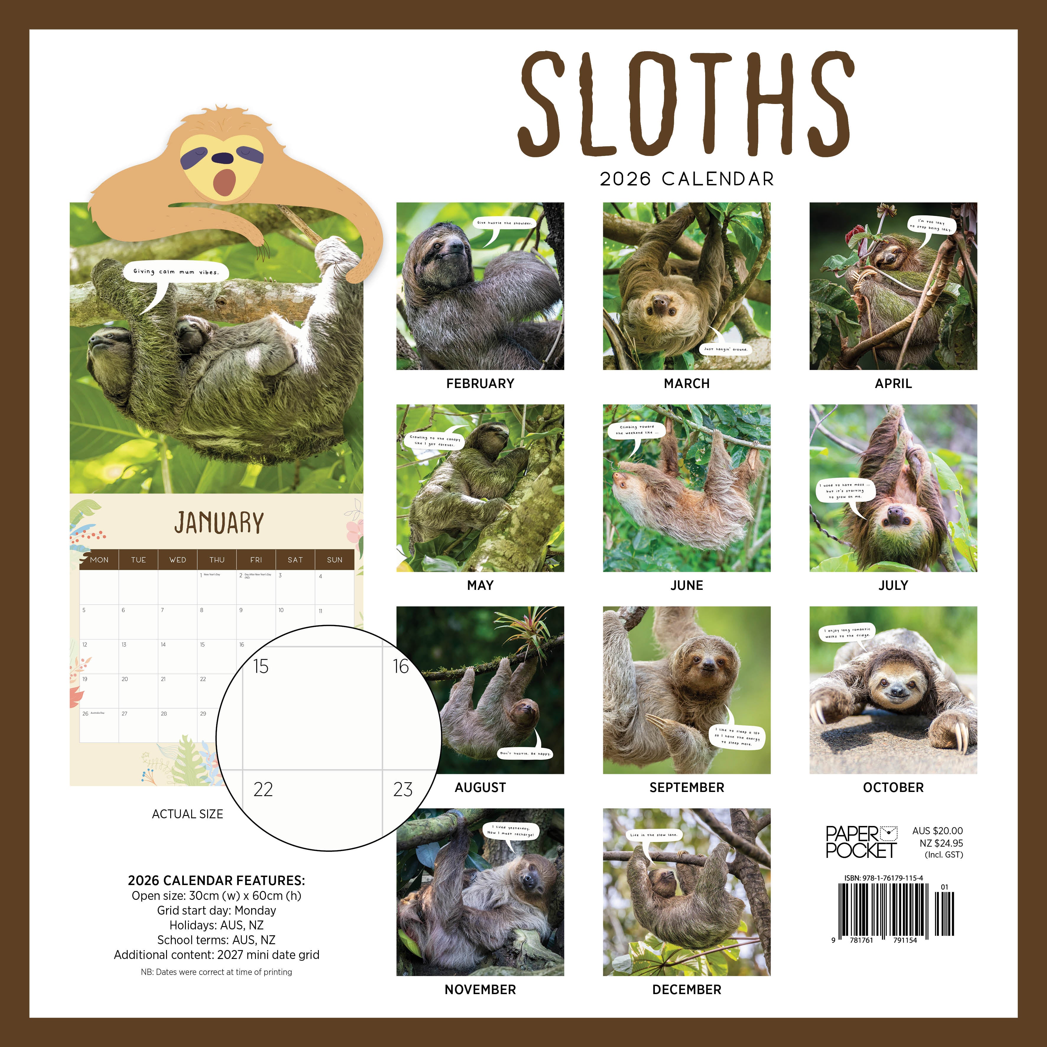 2026 Sloths - Square Wall Calendar