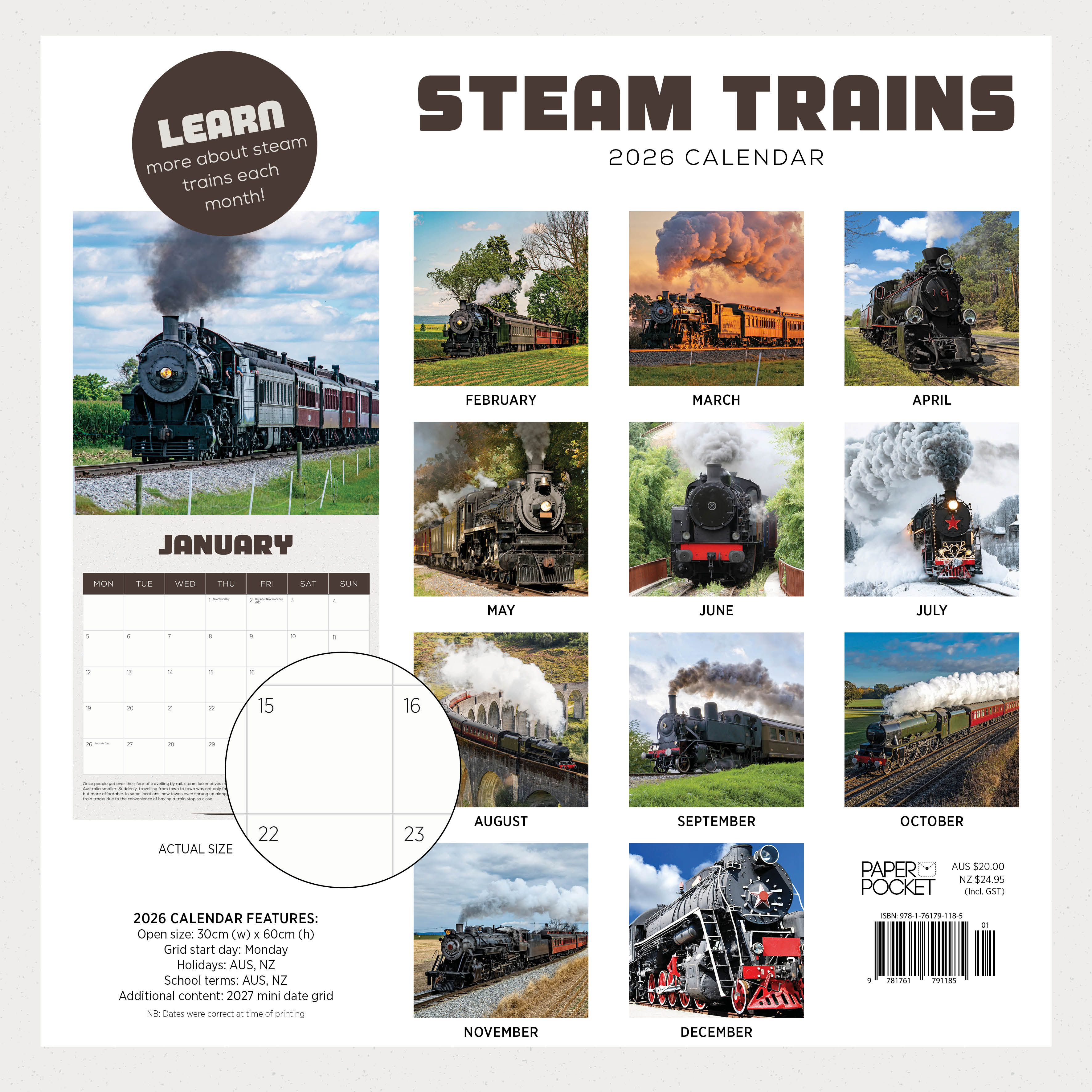 2026 Steam Trains - Square Wall Calendar