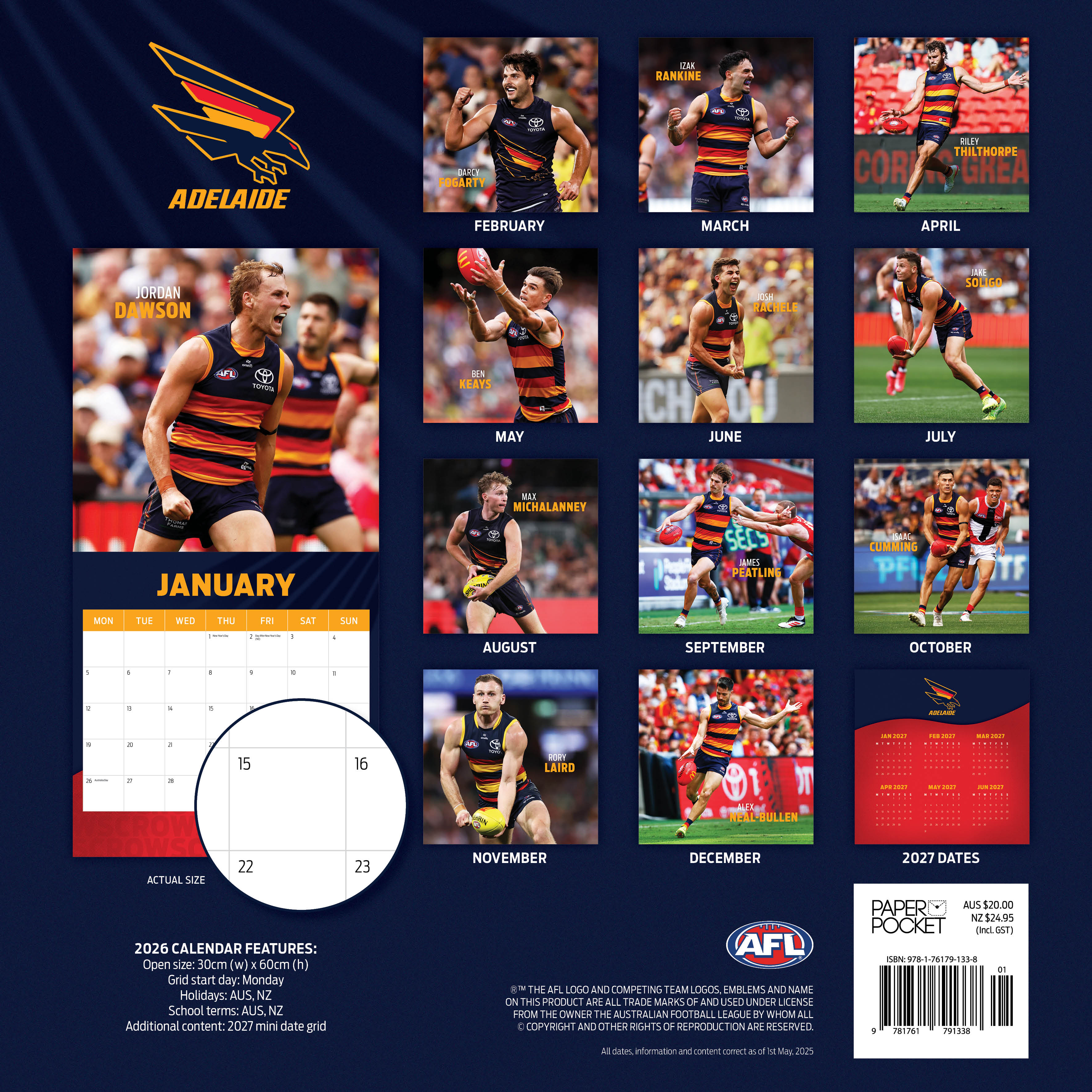 2026 AFL Adelaide Crows - Square Wall Calendar