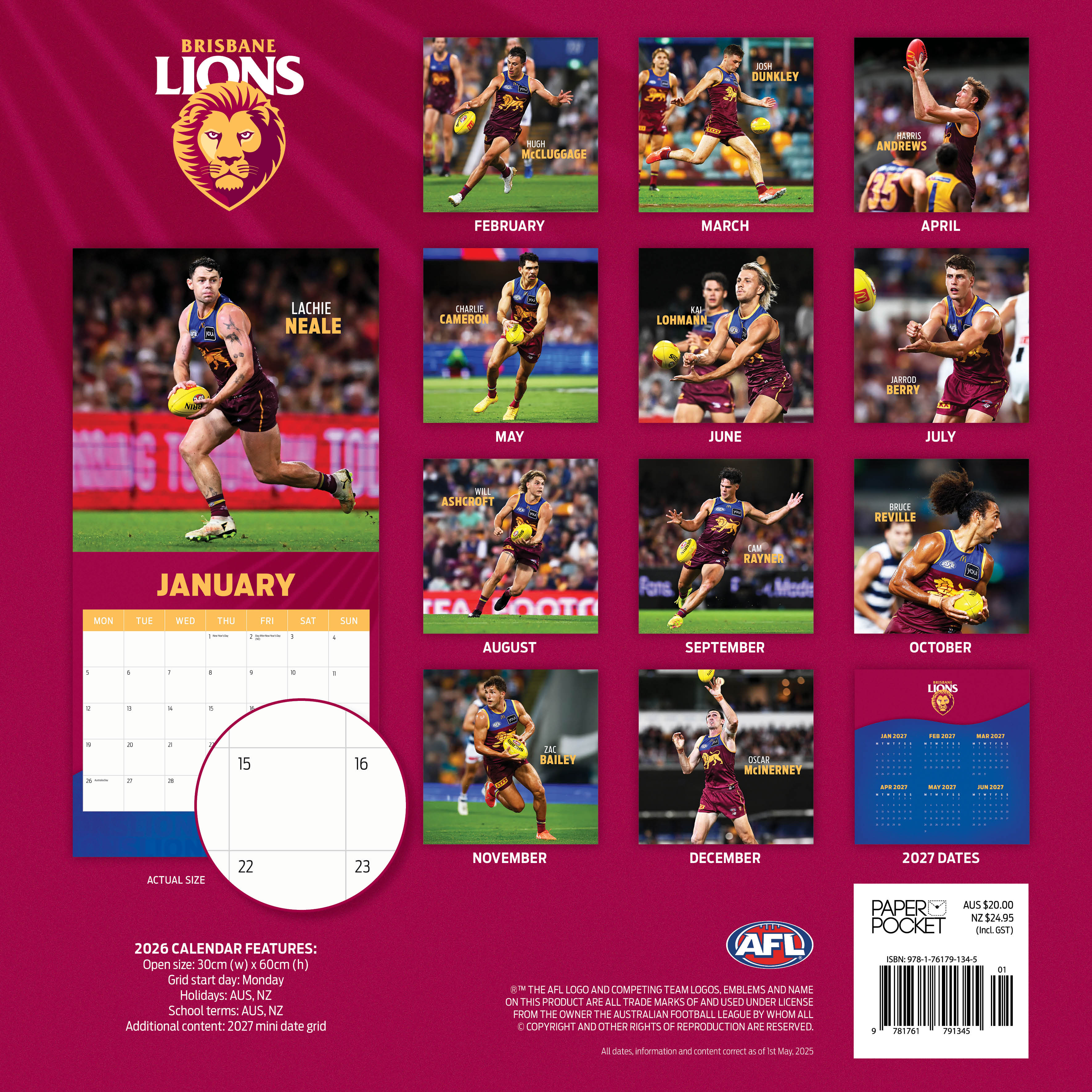 2026 AFL Brisbane Lions - Square Wall Calendar