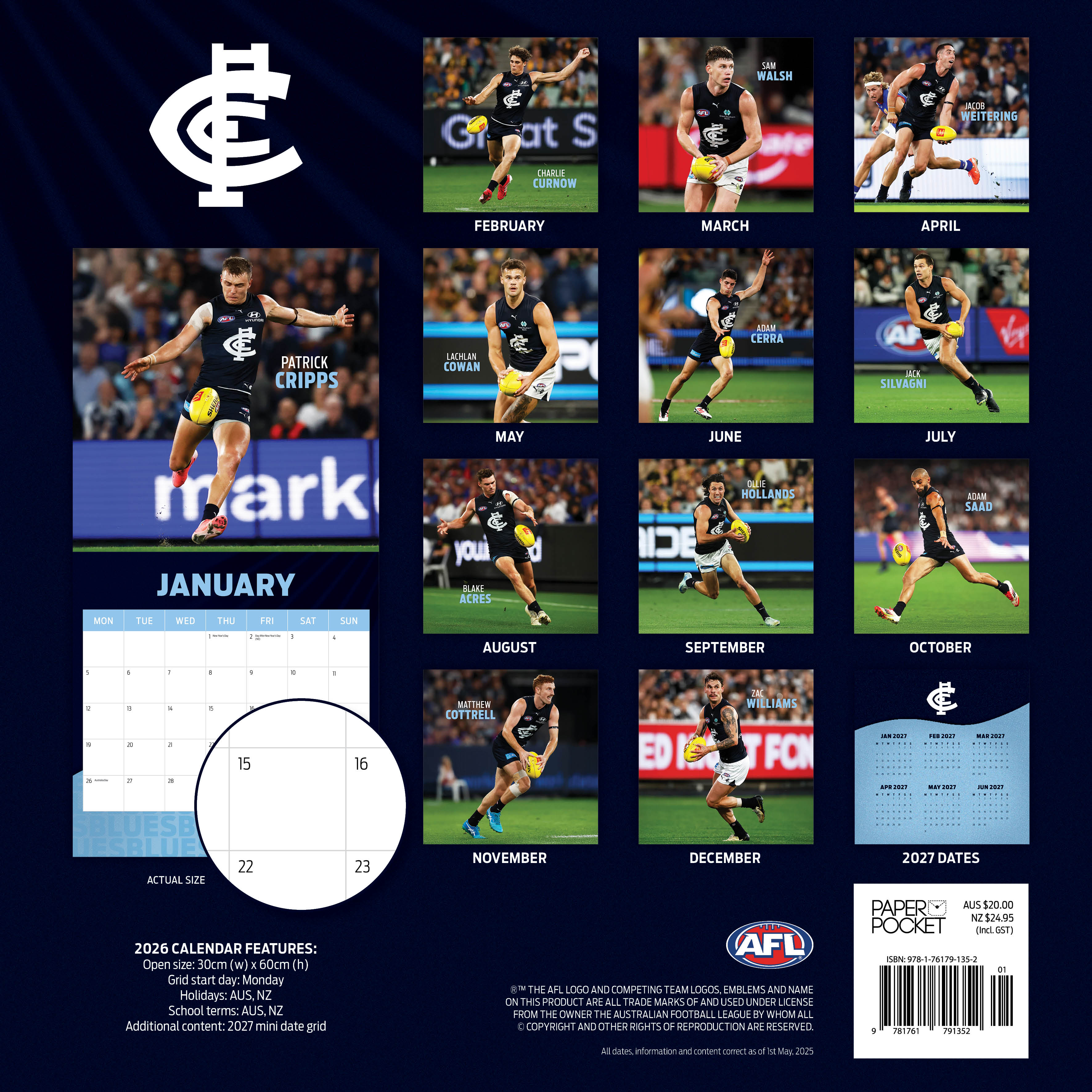 2026 AFL Carlton Blues - Square Wall Calendar