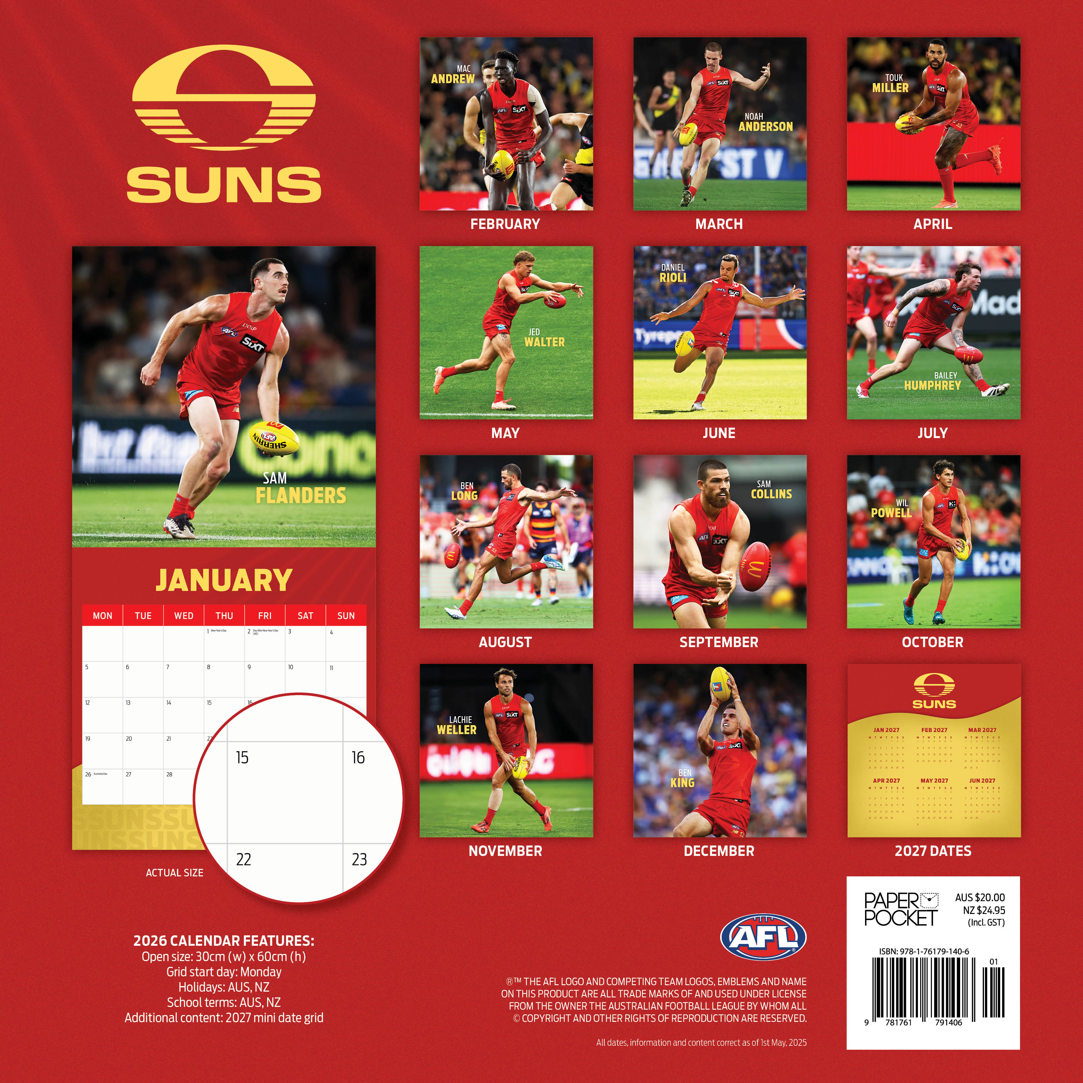 2026 AFL Gold Coast Suns - Square Wall Calendar