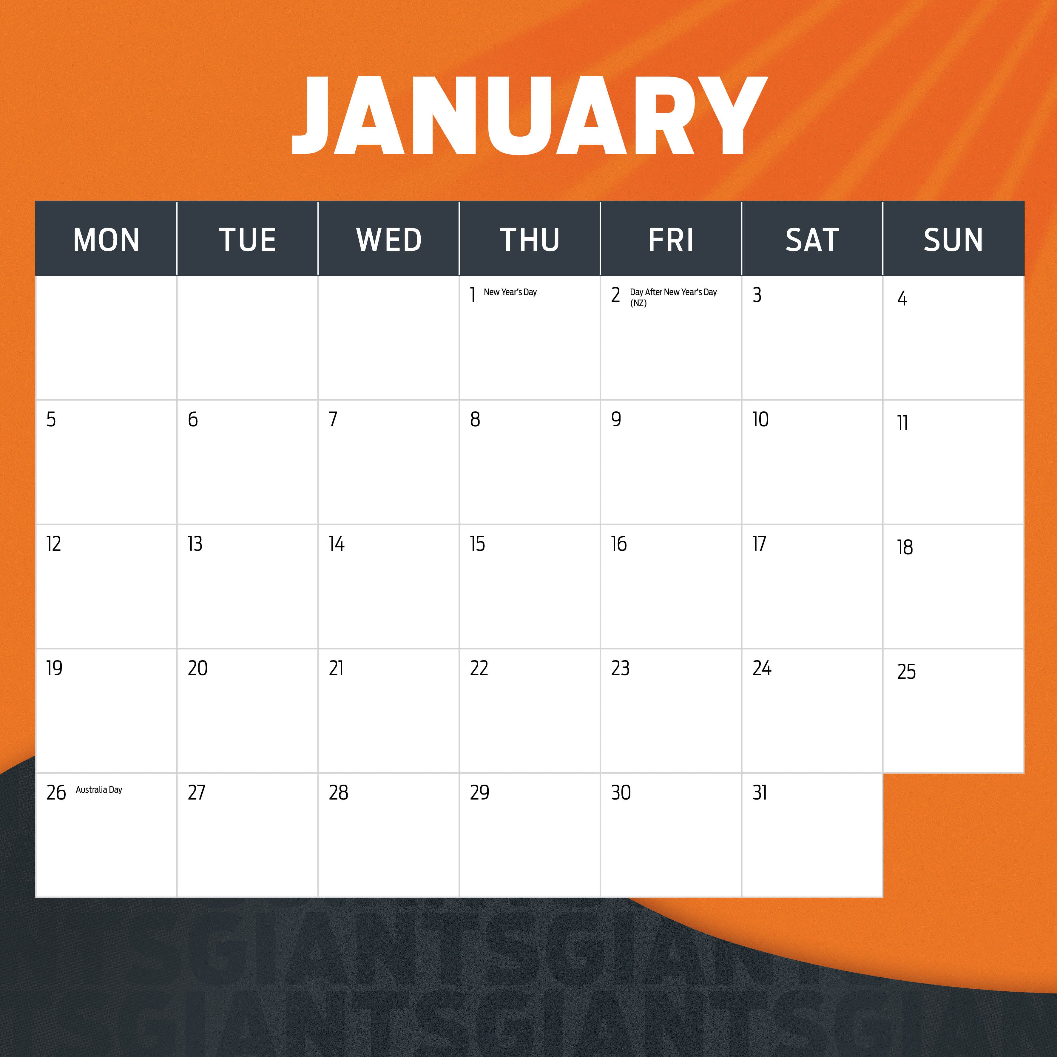 2026 AFL Greater Western Sydney Giants - Square Wall Calendar