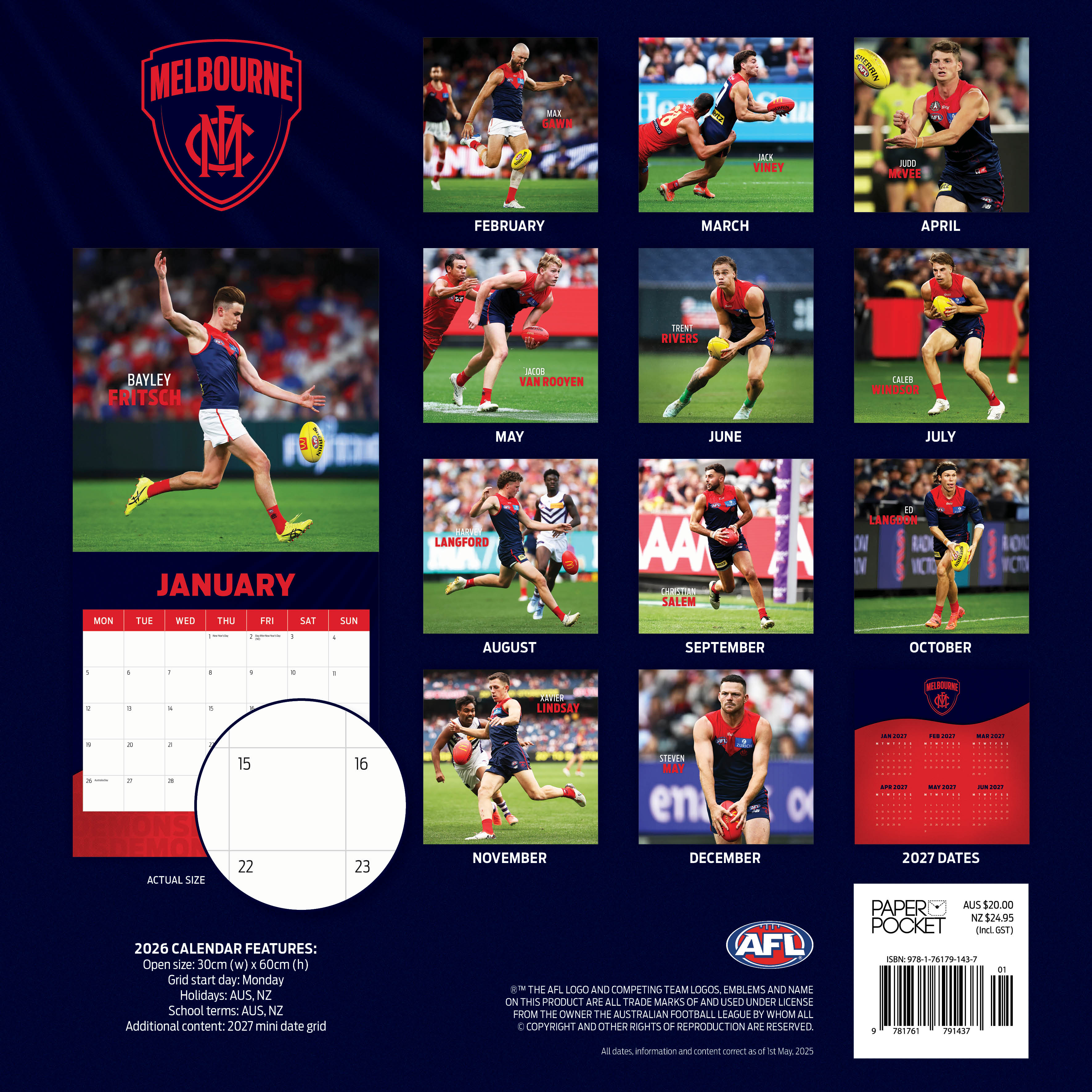 2026 AFL Melbourne Demons - Square Wall Calendar