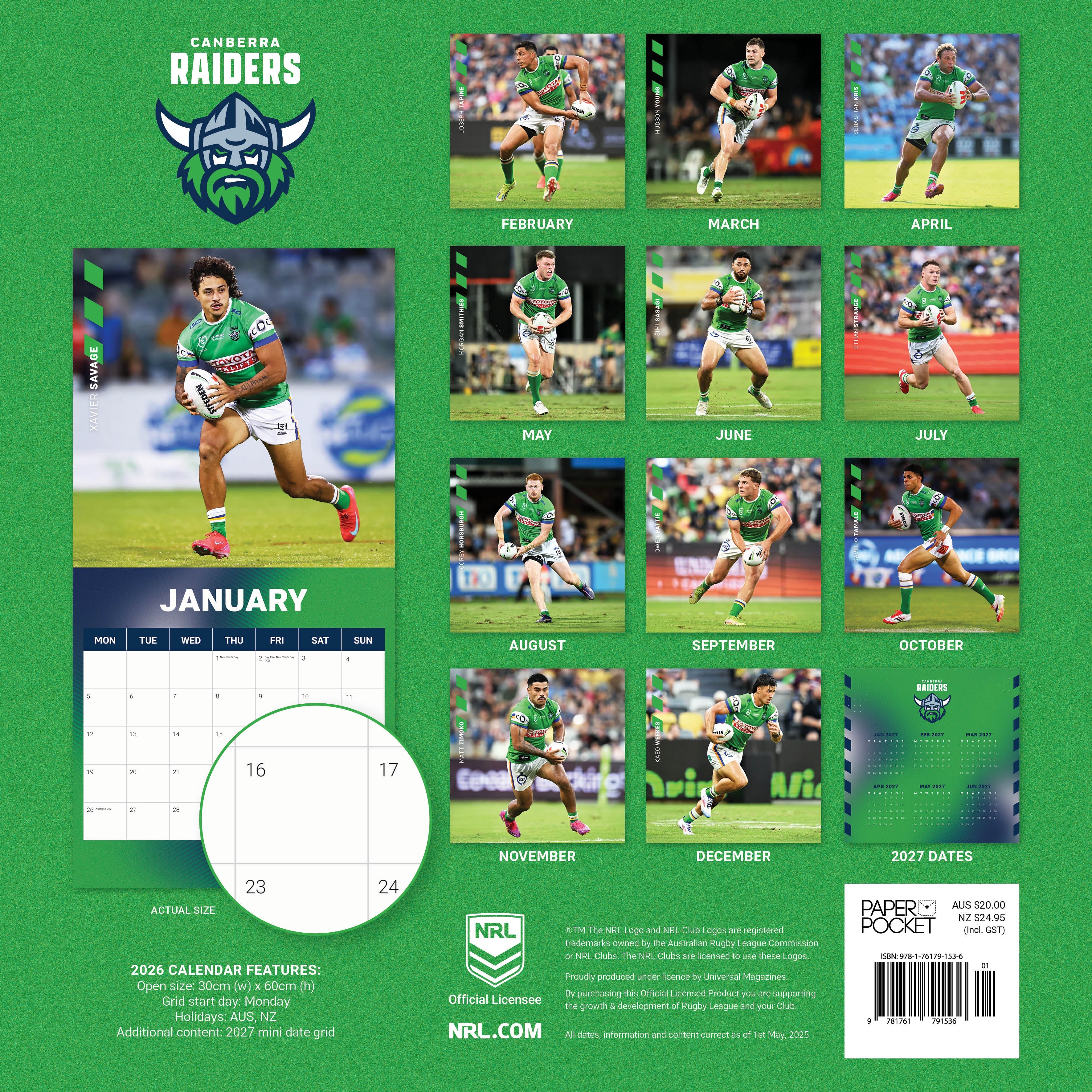 2026 NRL Canberra Raiders - Square Wall Calendar