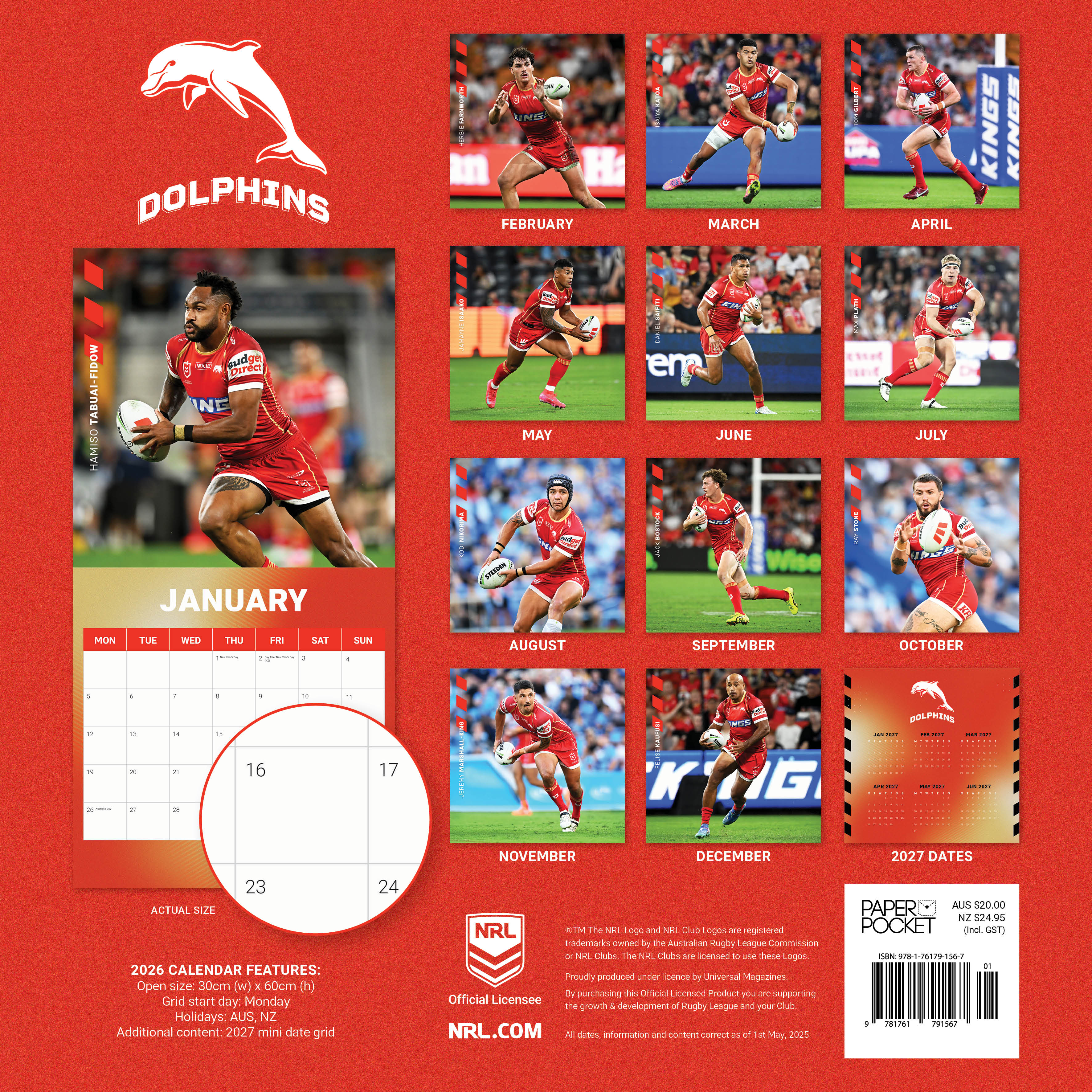 2026 NRL Dolphins - Square Wall Calendar