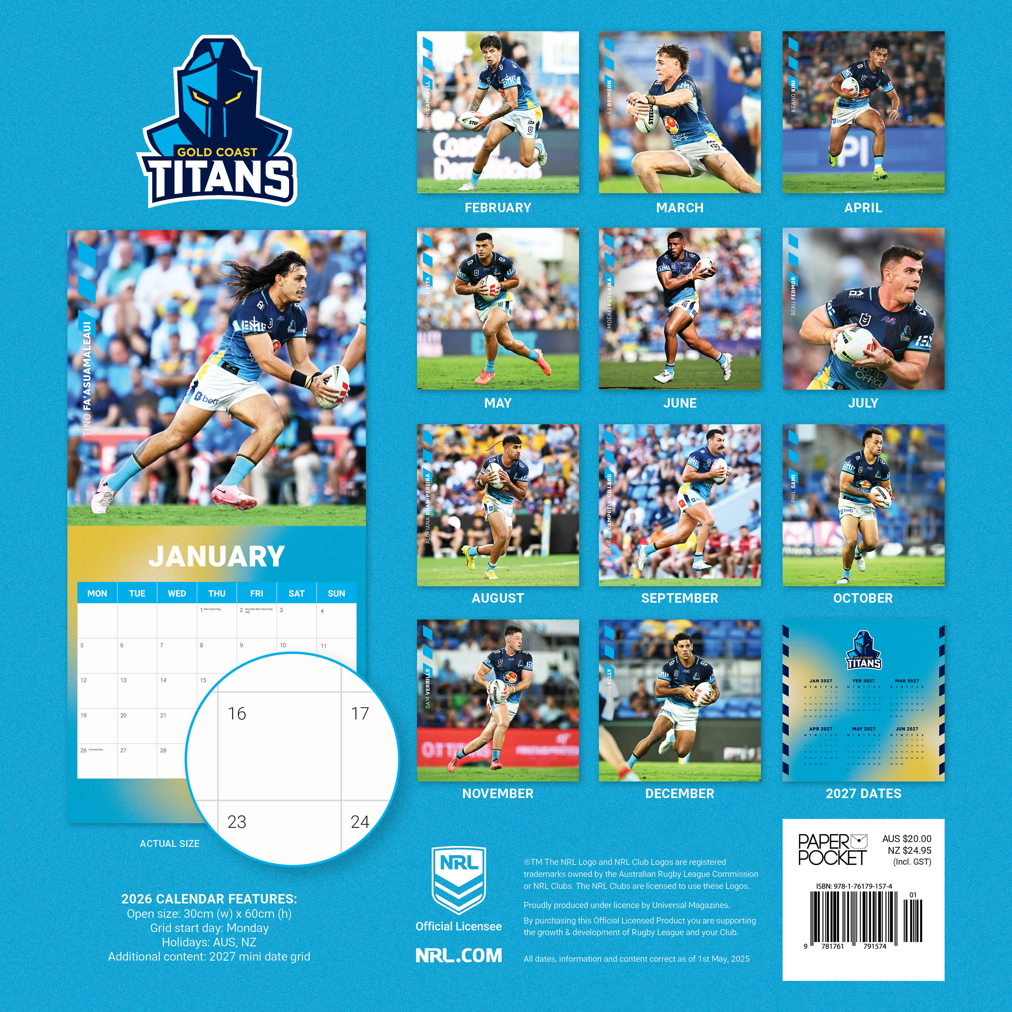 2026 NRL Gold Coast Titans - Square Wall Calendar
