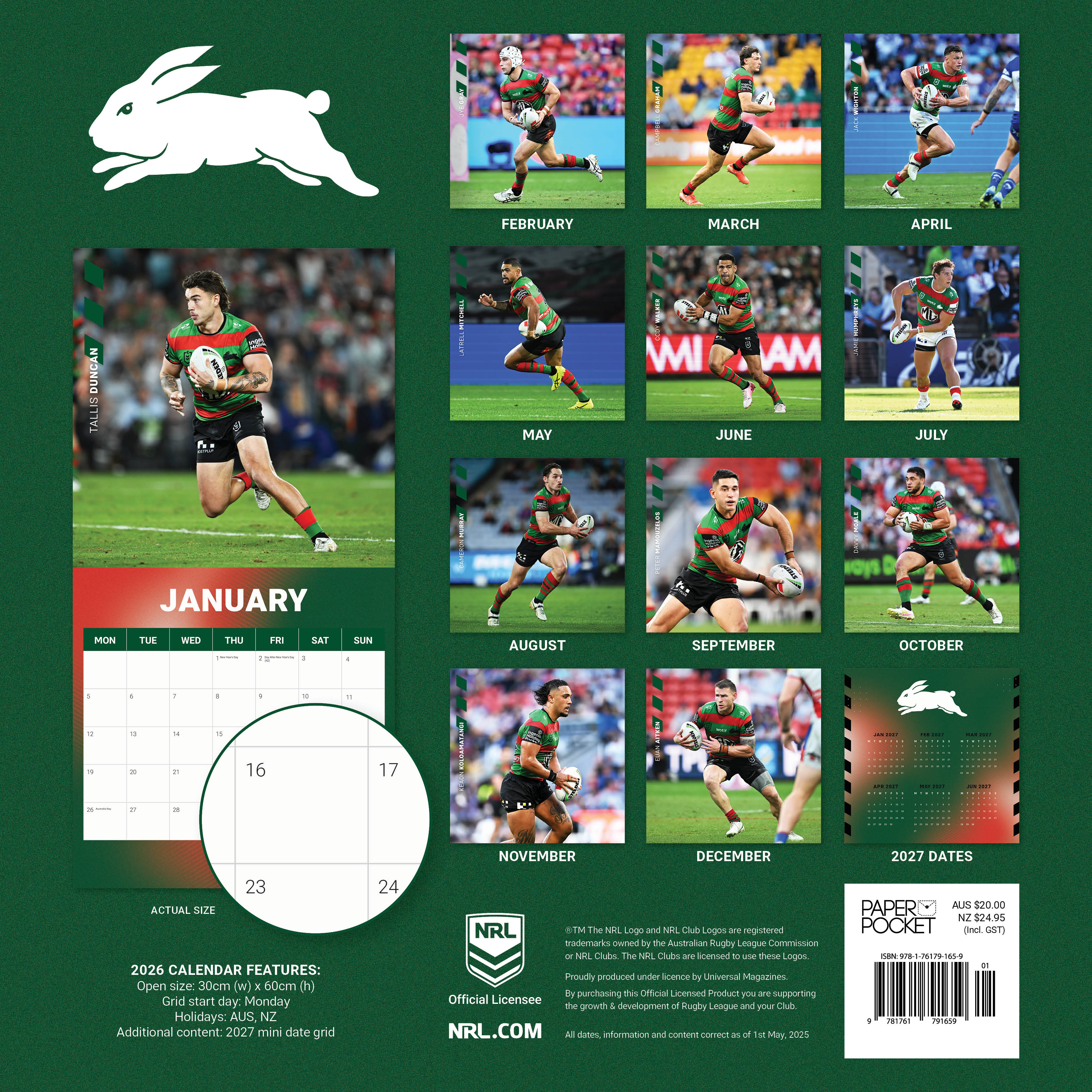 2026 NRL South Sydney Rabbitohs - Square Wall Calendar