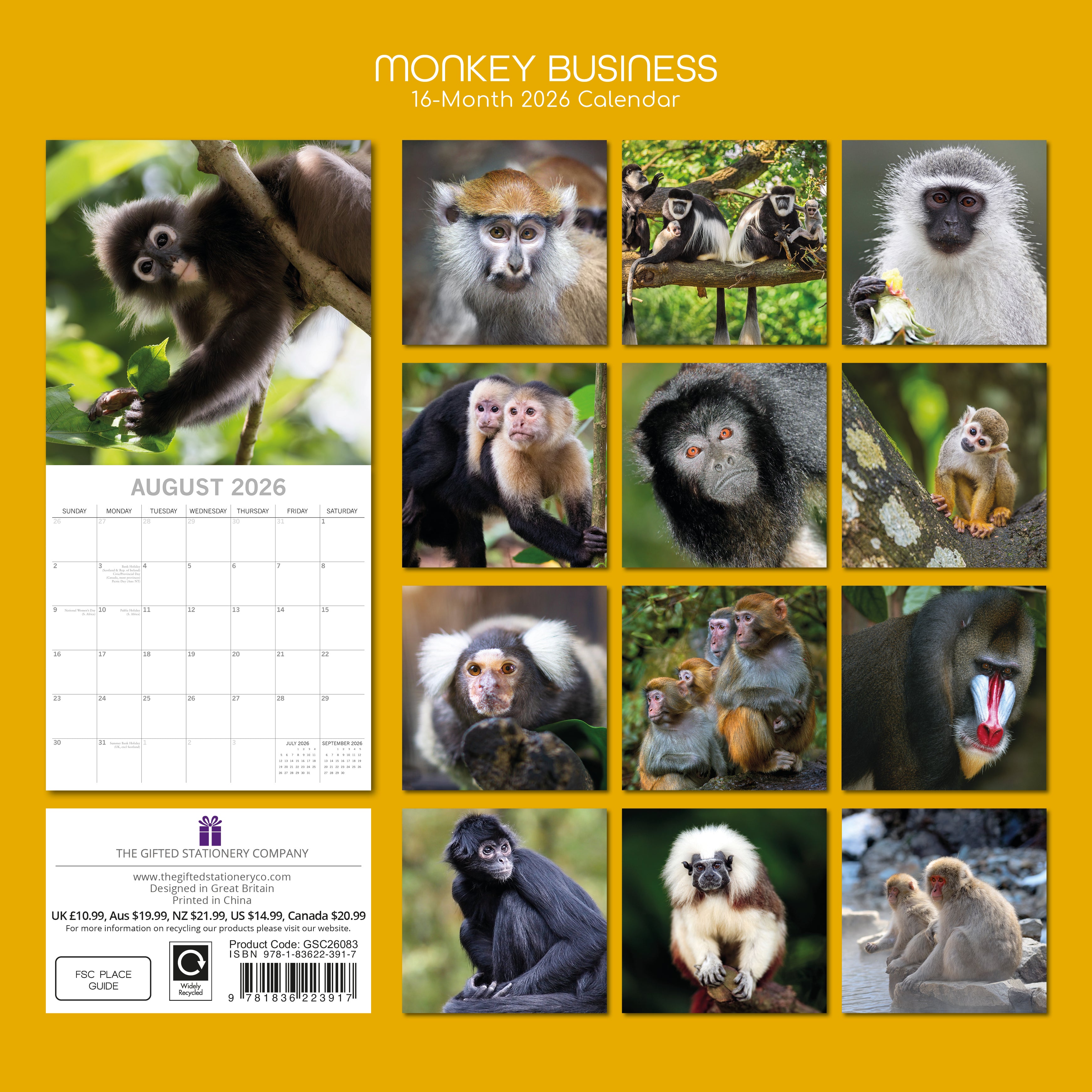 2026 Monkey Business - Square Wall Calendar