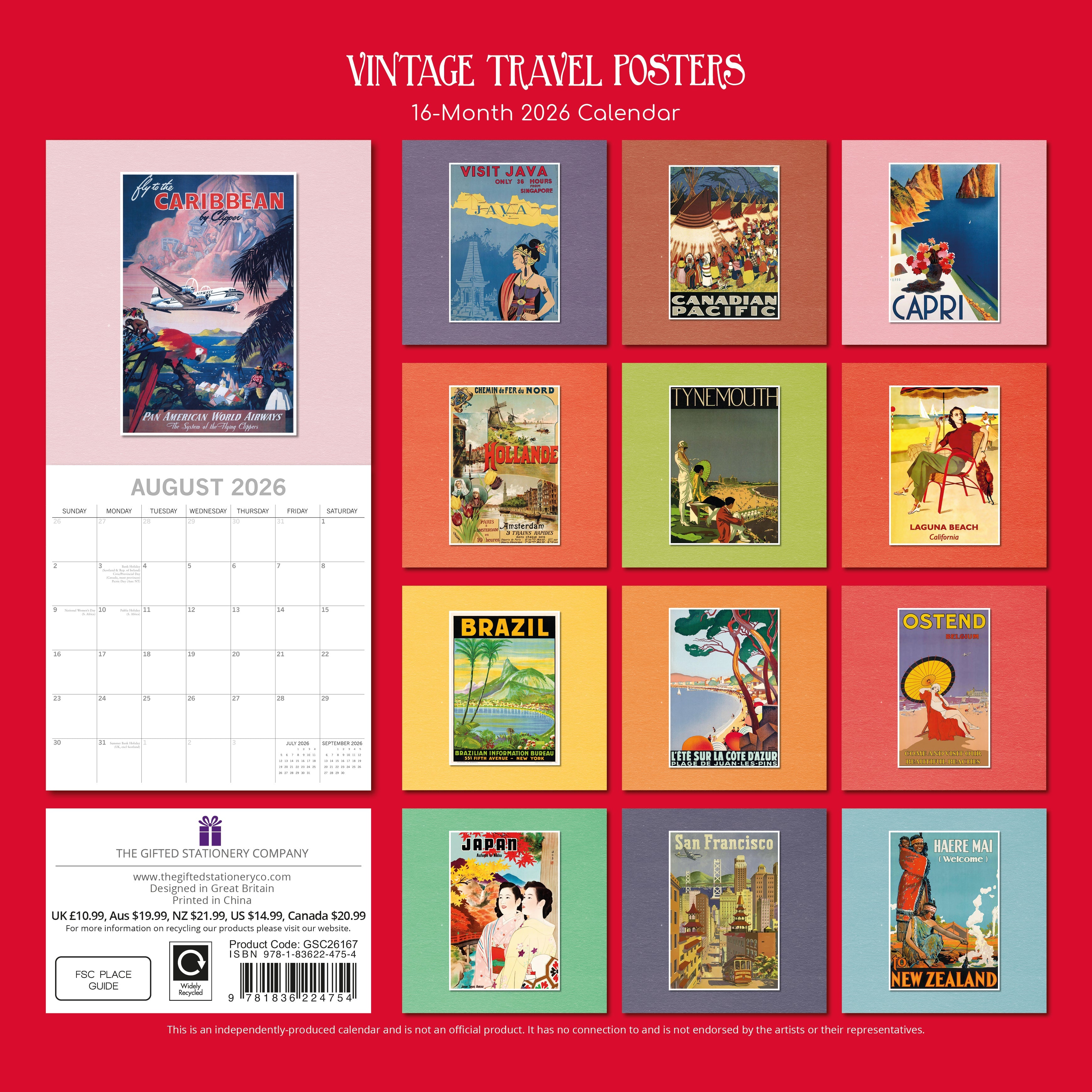2026 Vintage Travel Posters - Square Wall Calendar