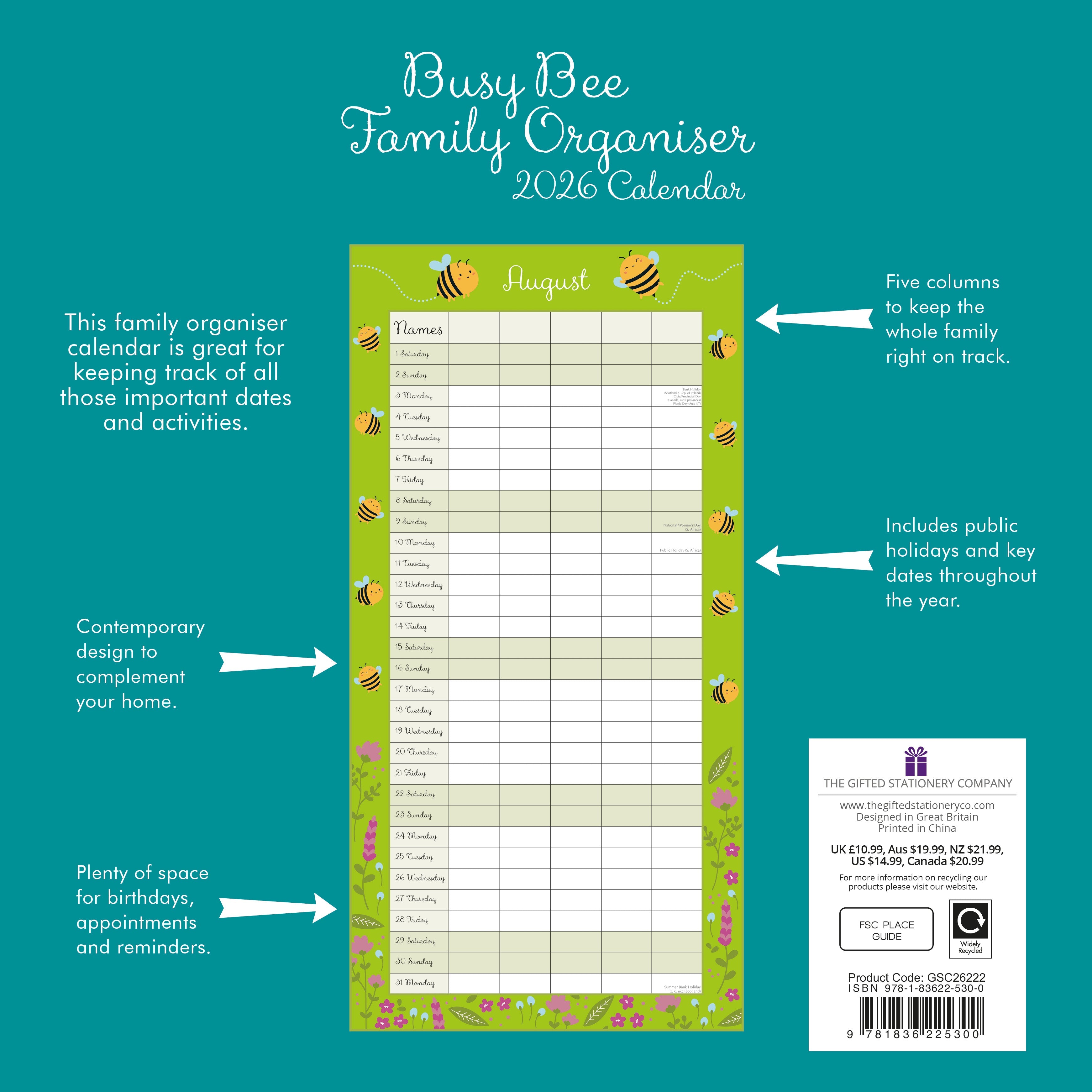 2026 Busy Bee Family Organiser - Square Wall Calendar