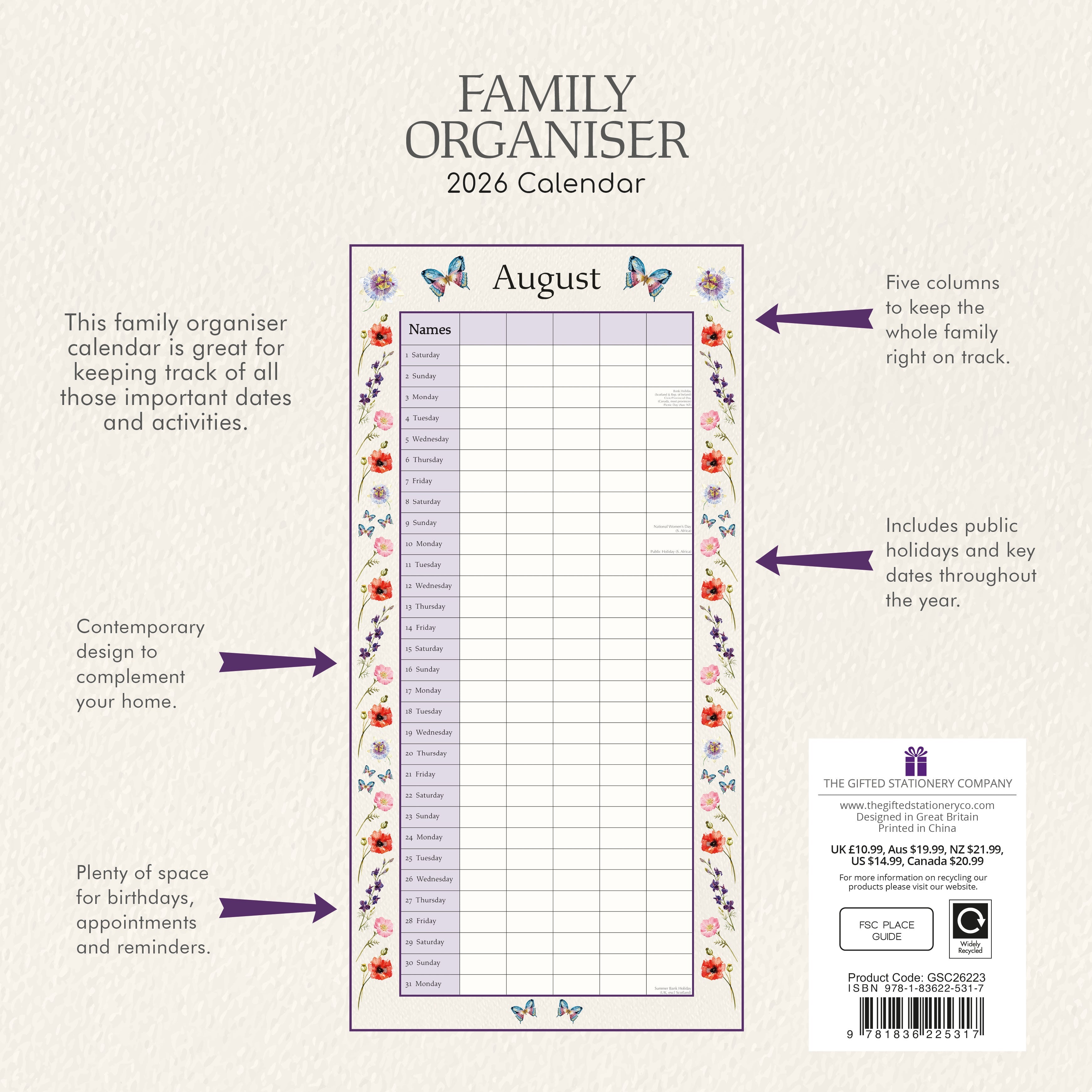 2026 Floral Family Organiser - Square Wall Calendar
