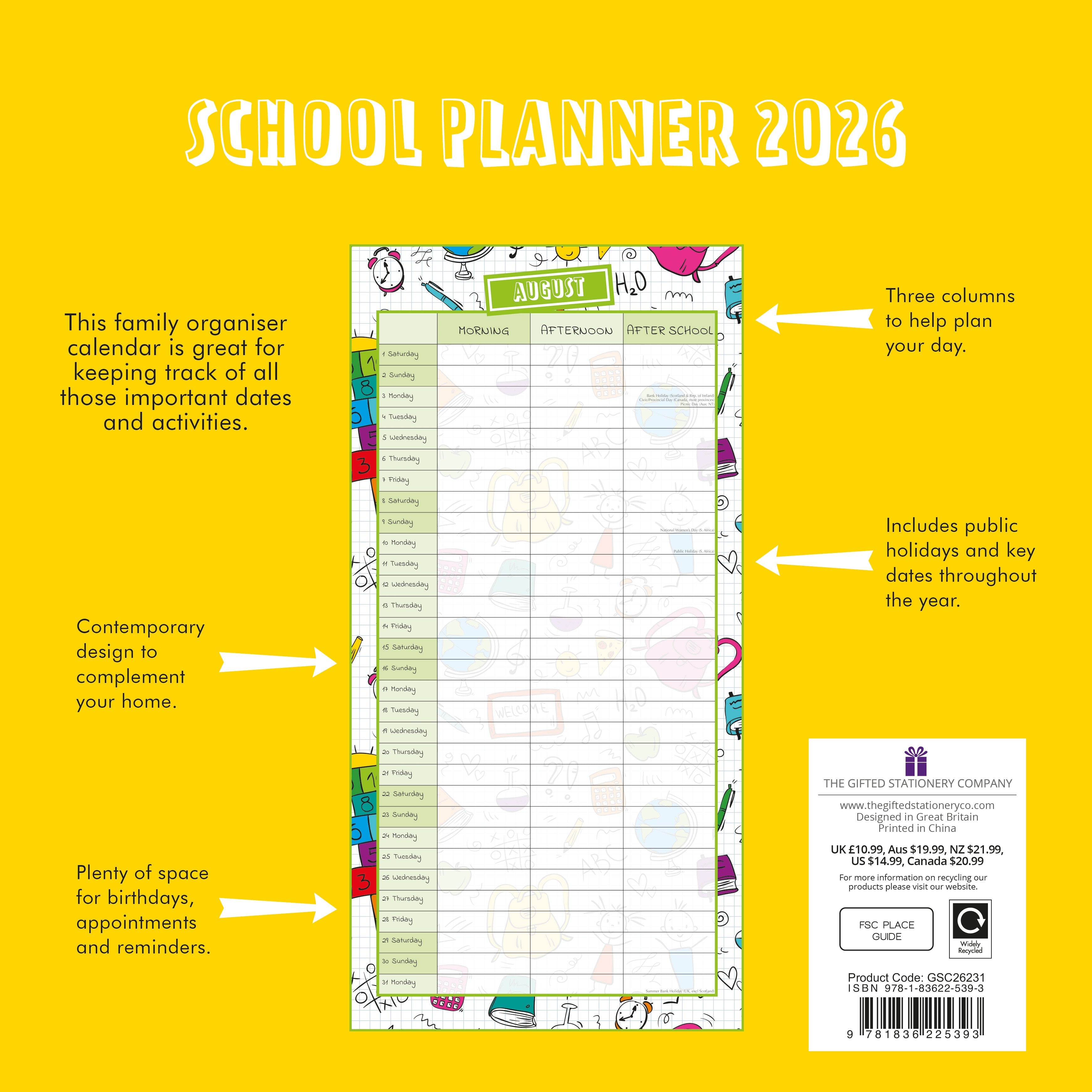 2026 School Planner - Square Wall Calendar