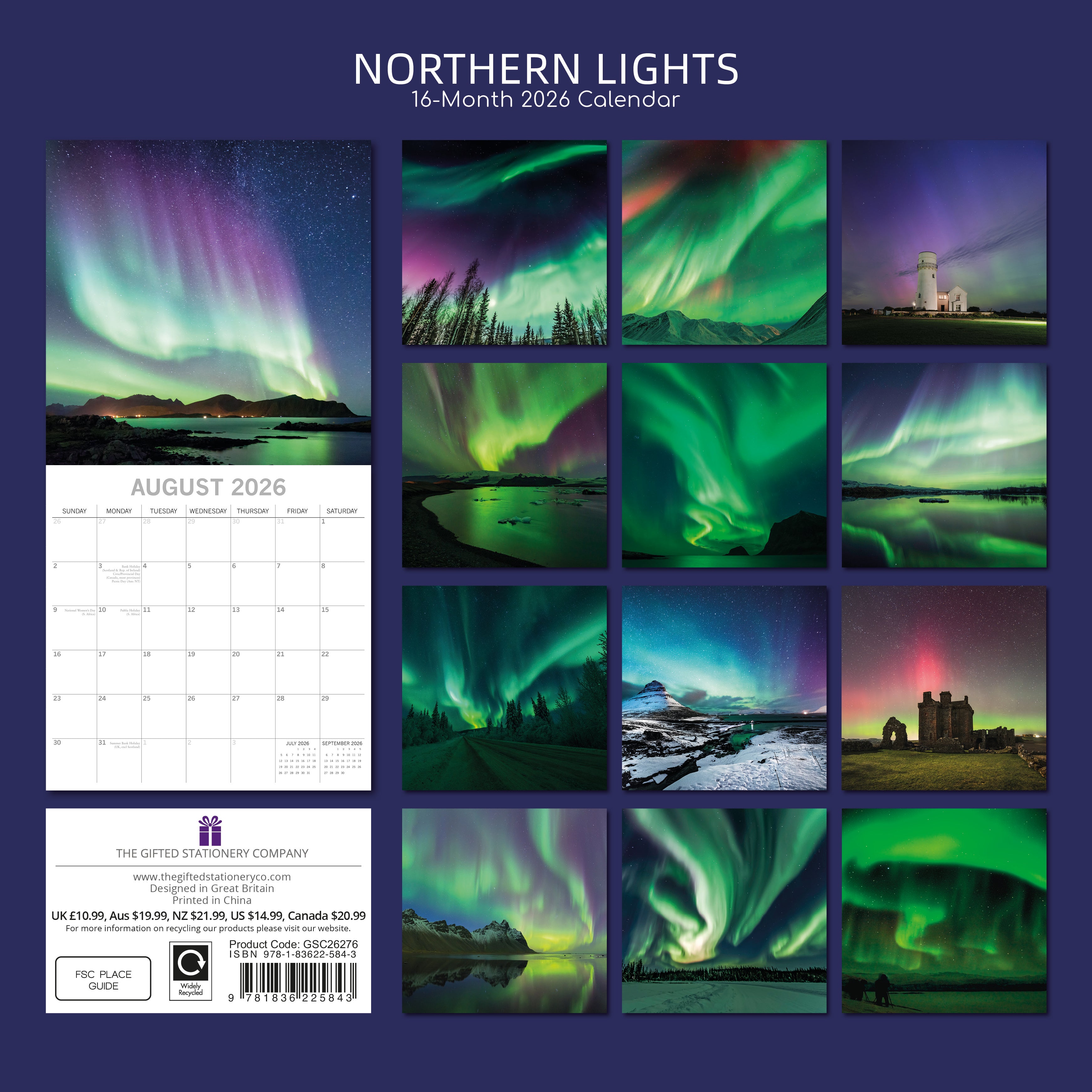 2026 Northern Lights - Square Wall Calendar