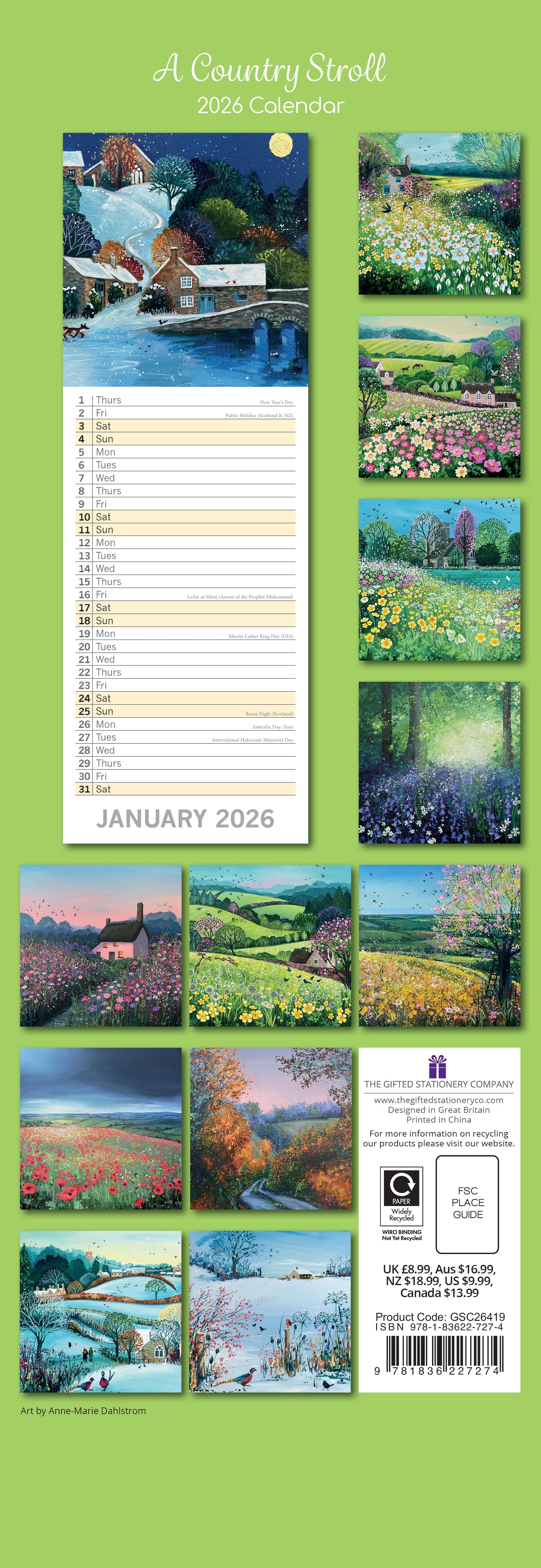 2026 A Country Stroll - Slim Wall Calendar