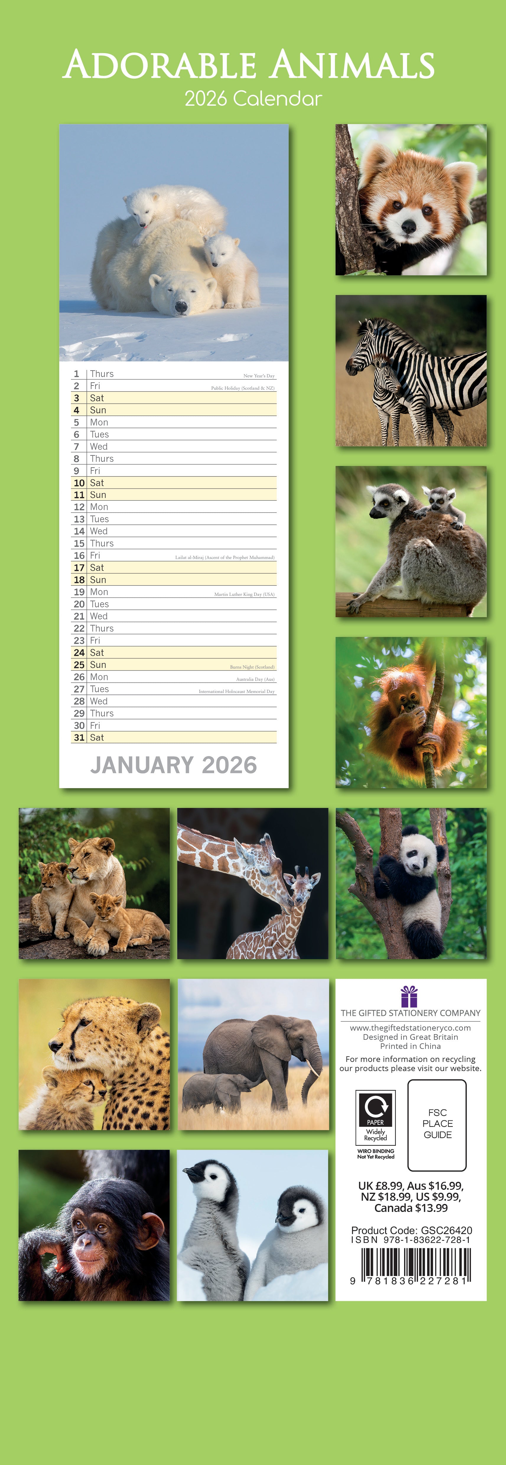 2026 Adorable Animals - Slim Wall Calendar
