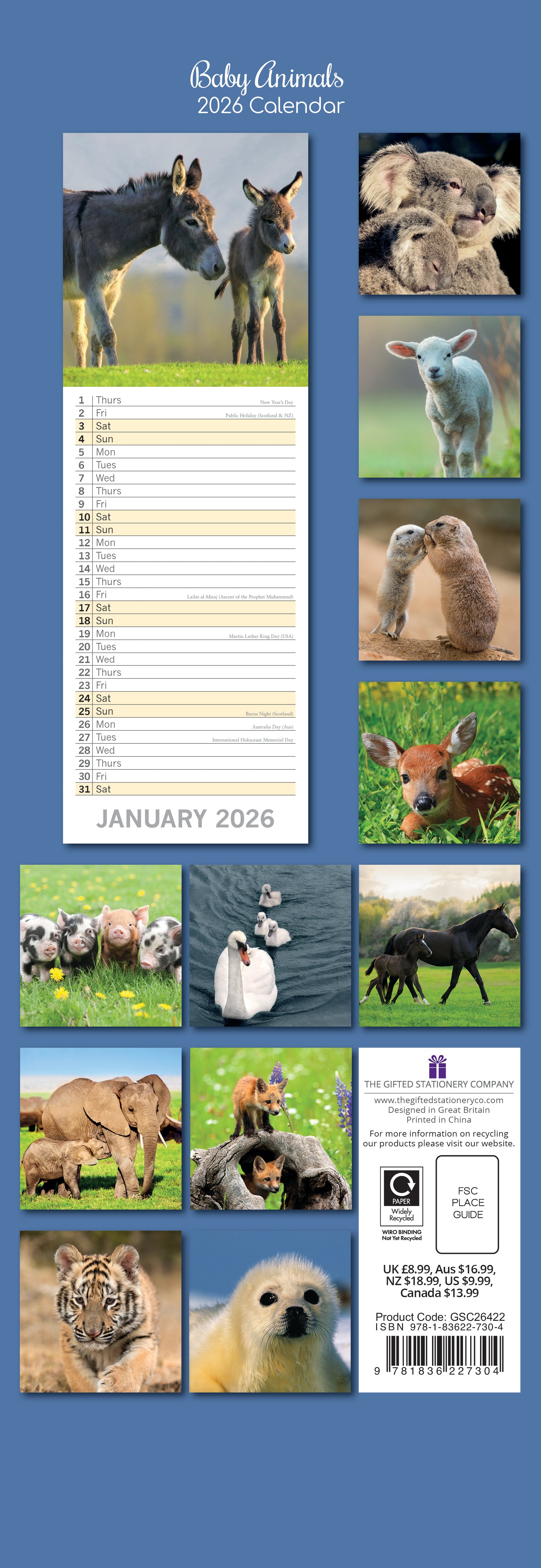 2026 Baby Animals - Slim Wall Calendar