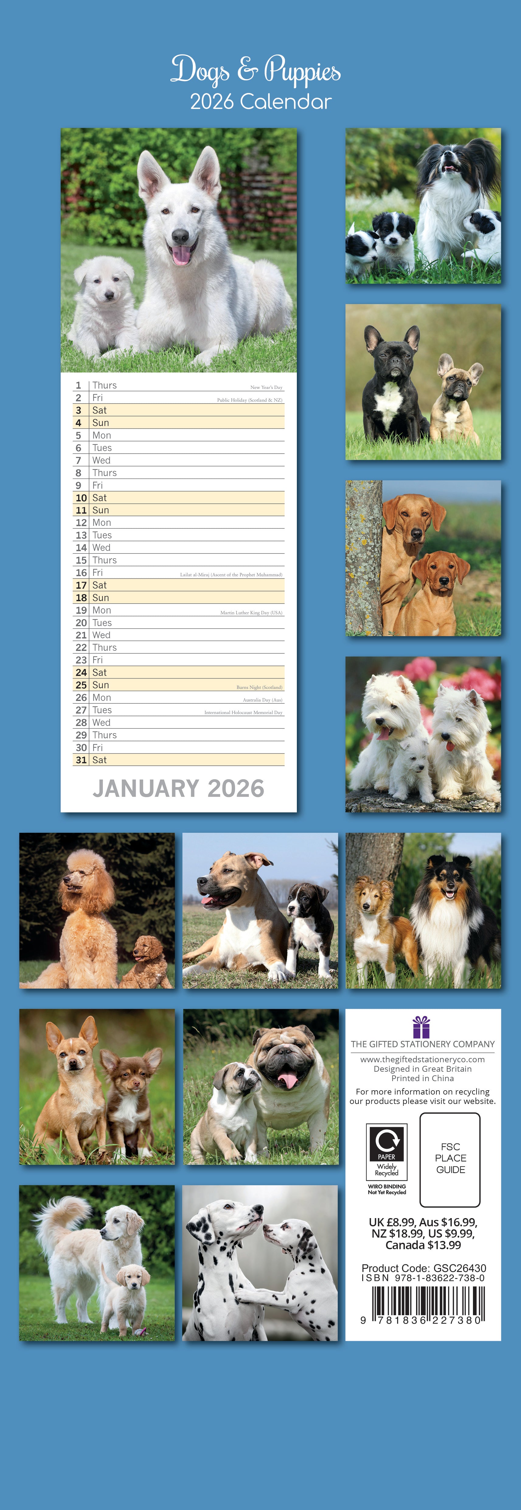 2026 Dogs & Puppies - Slim Wall Calendar