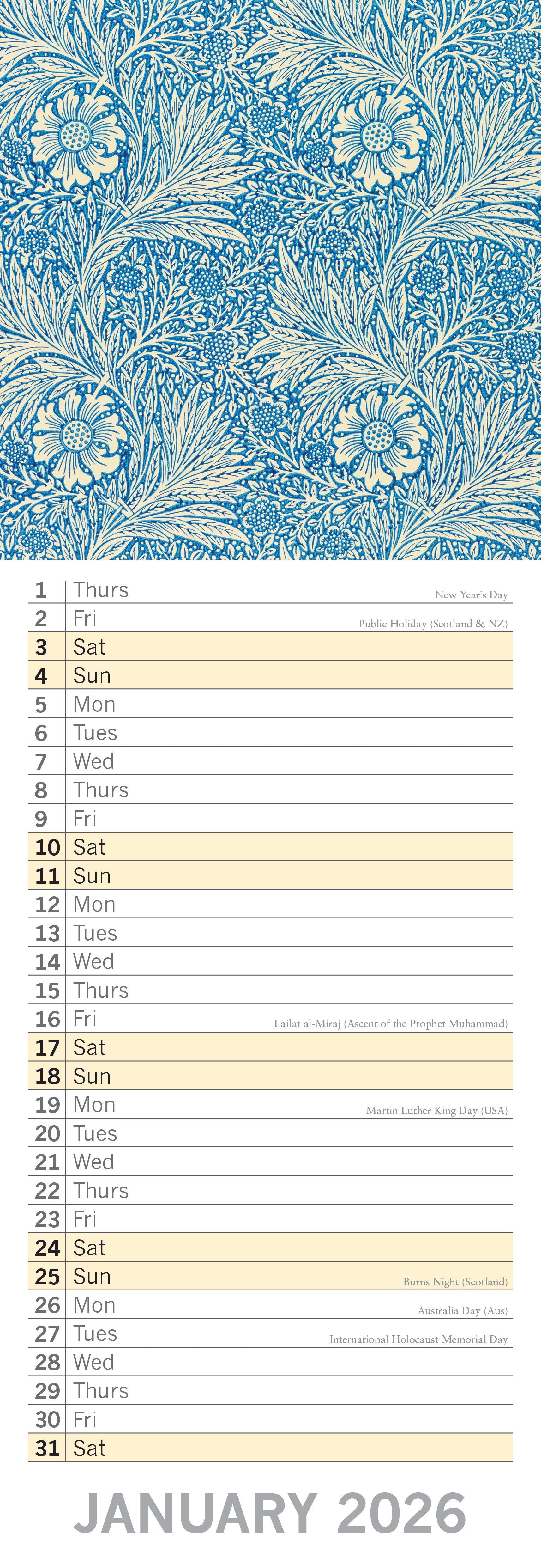 2026 William Morris - Slim Wall Calendar