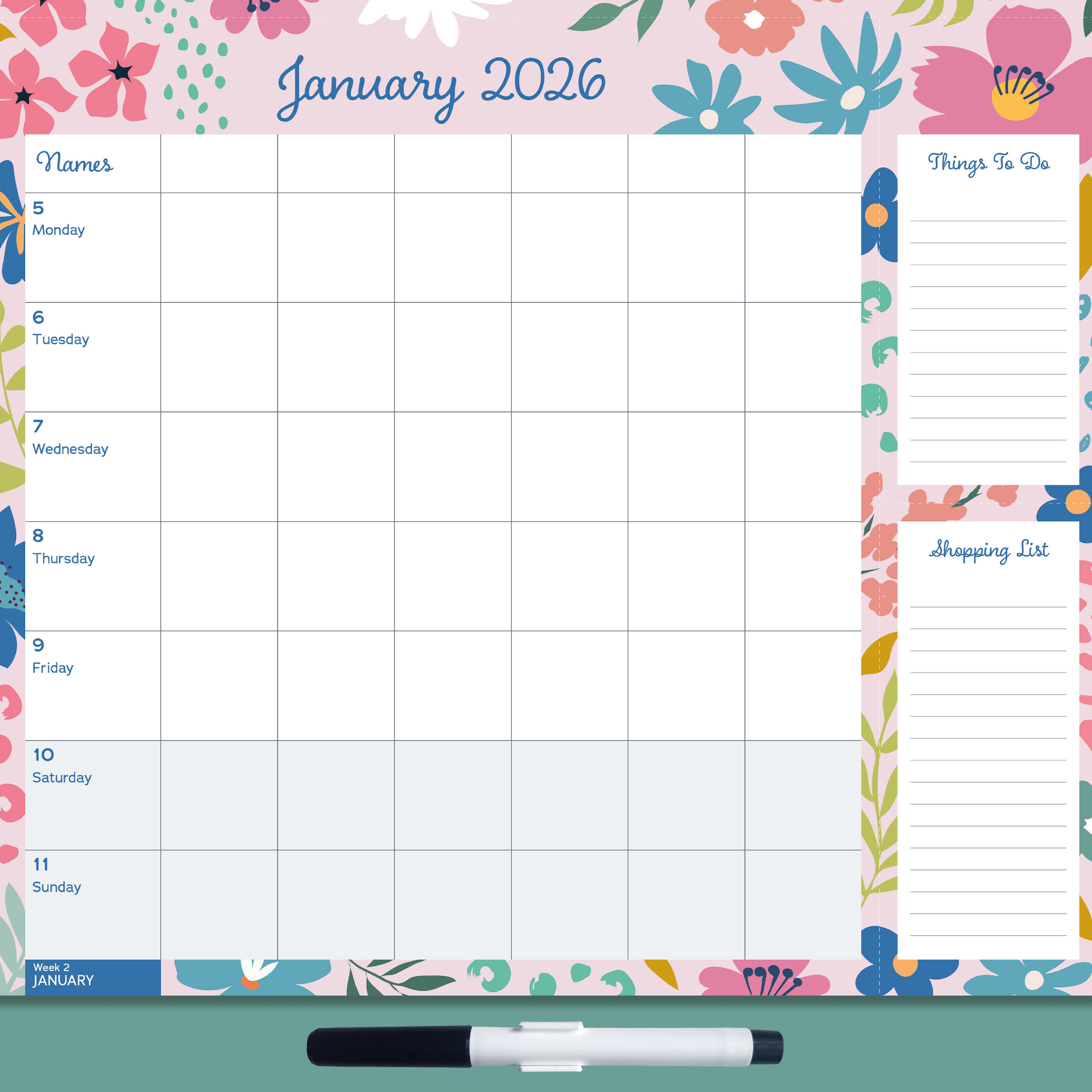 2026 Floral Weekly Family Planner - Square Wall Calendar