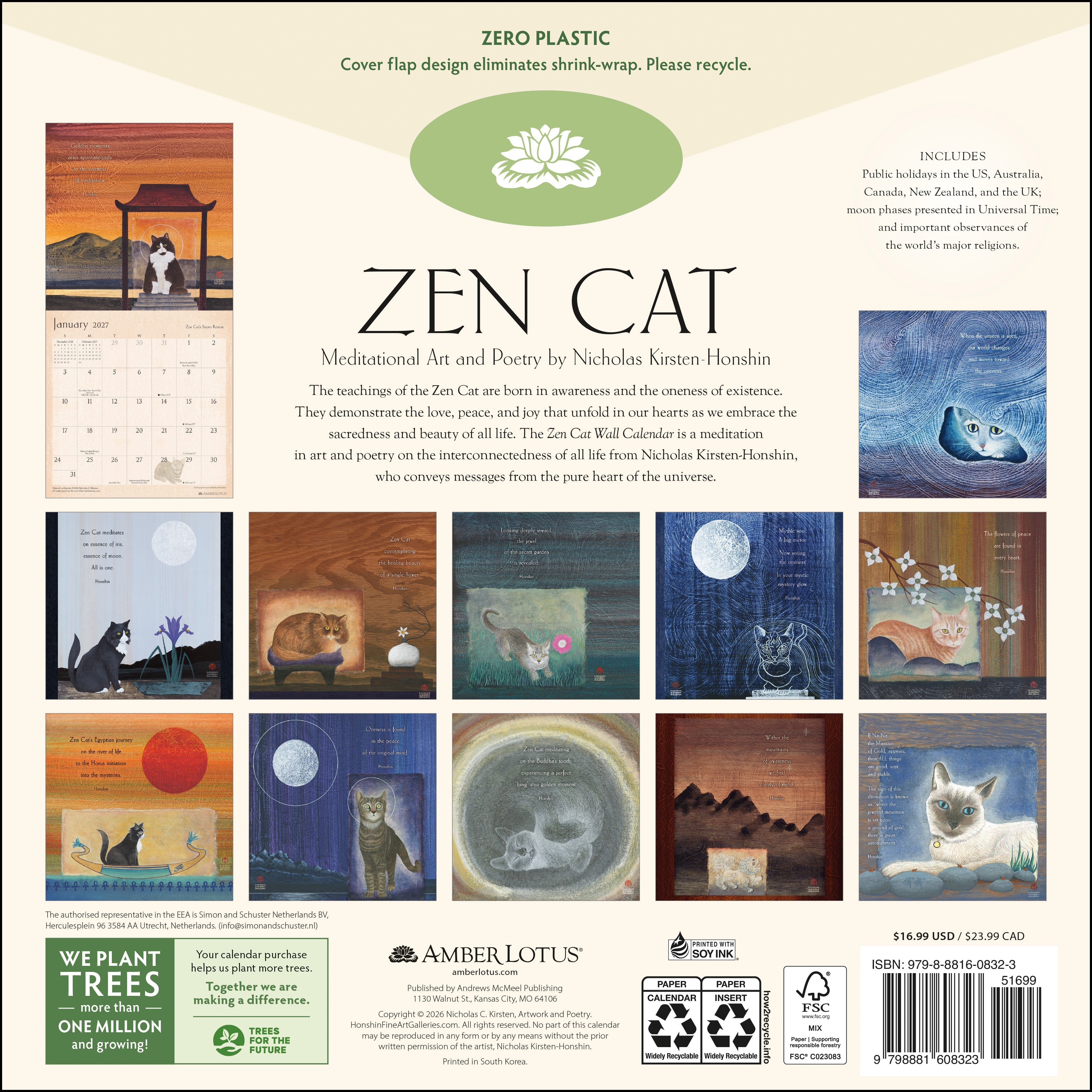 2027 Zen Cat: Kirsten-Honshin - Square Wall Calendar