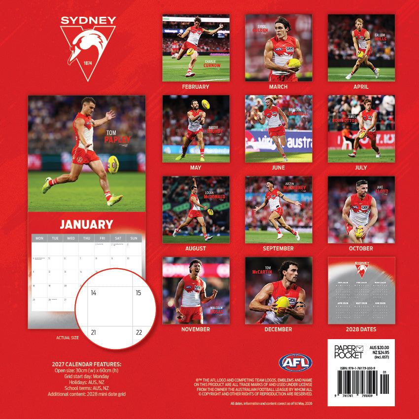 2027 AFL Sydney Swans - Square Wall Calendar