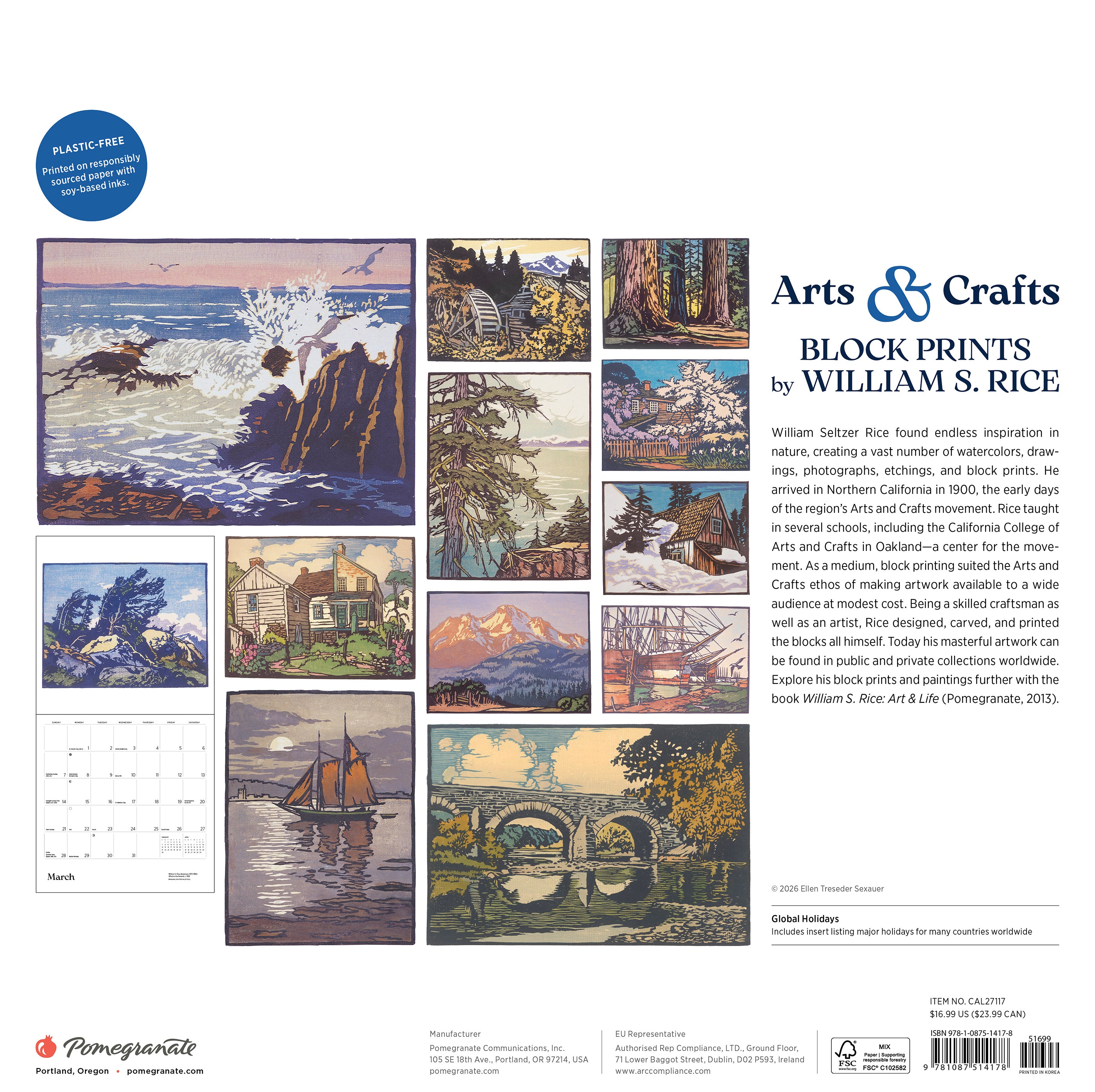 2027 Arts & Crafts Block Prints by William S. Rice - Square Wall Calendar