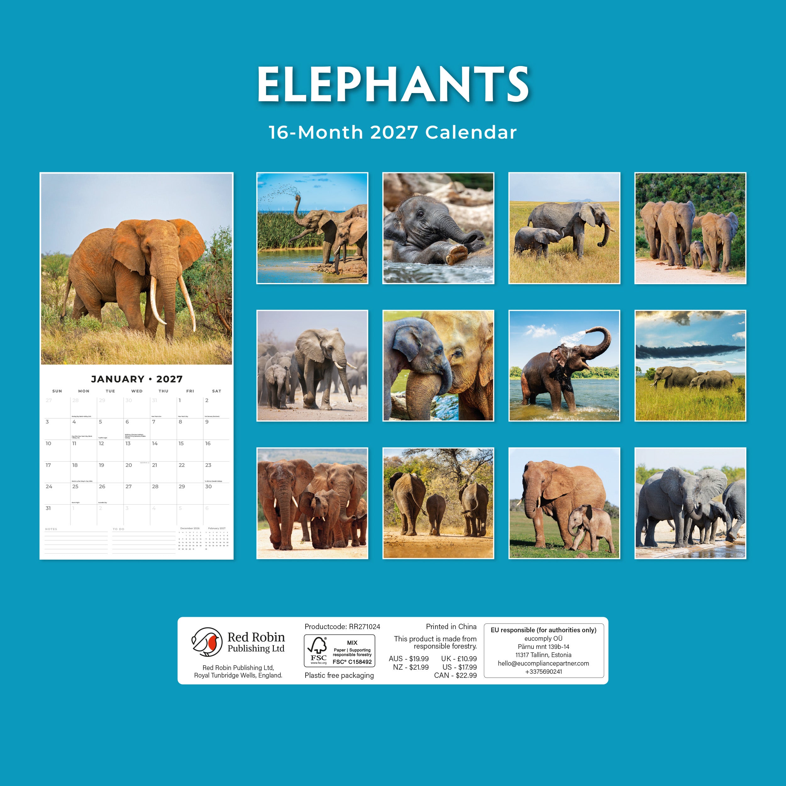 2027 Elephants - Square Wall Calendar
