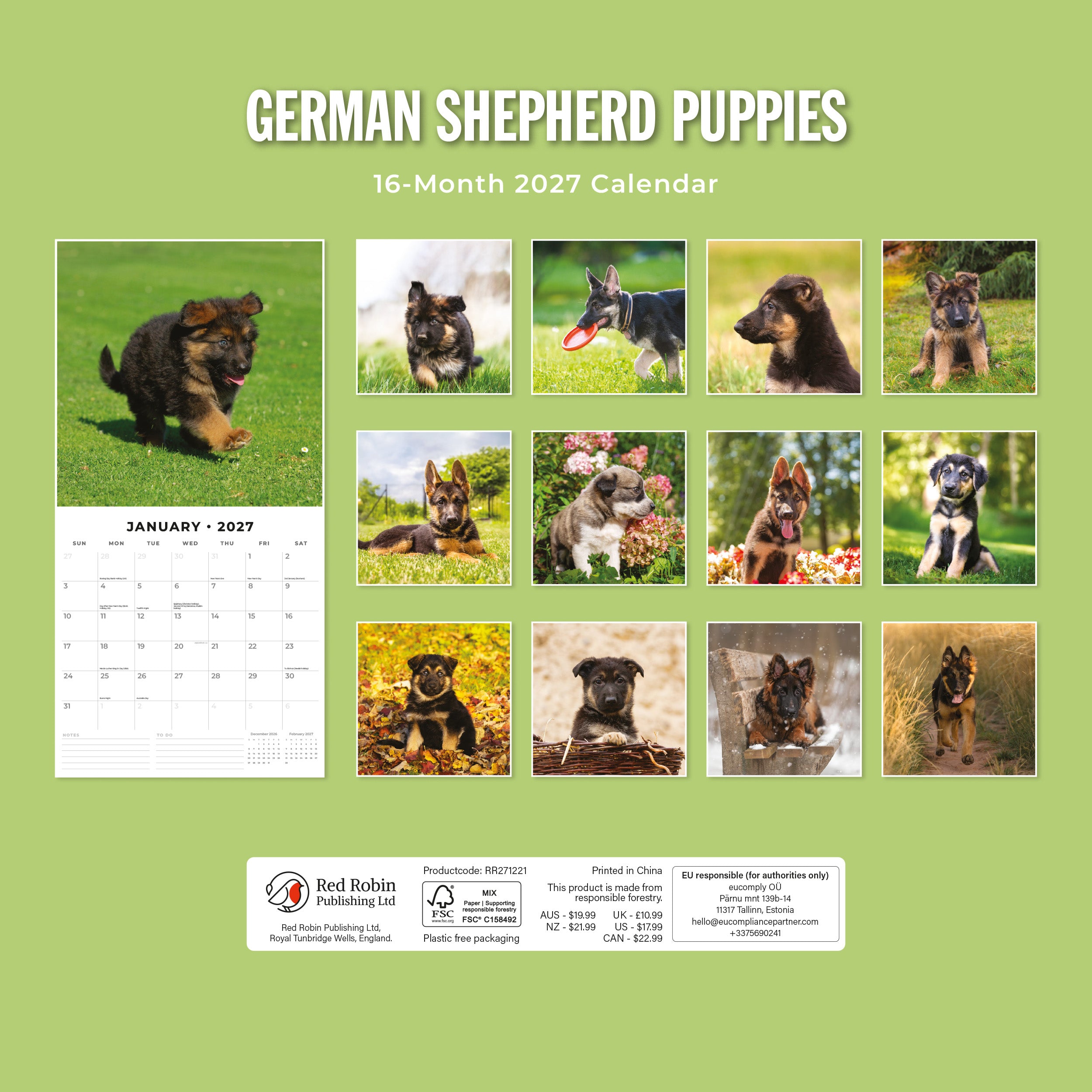 2027 German Shepherd Puppies - Square Wall Calendar