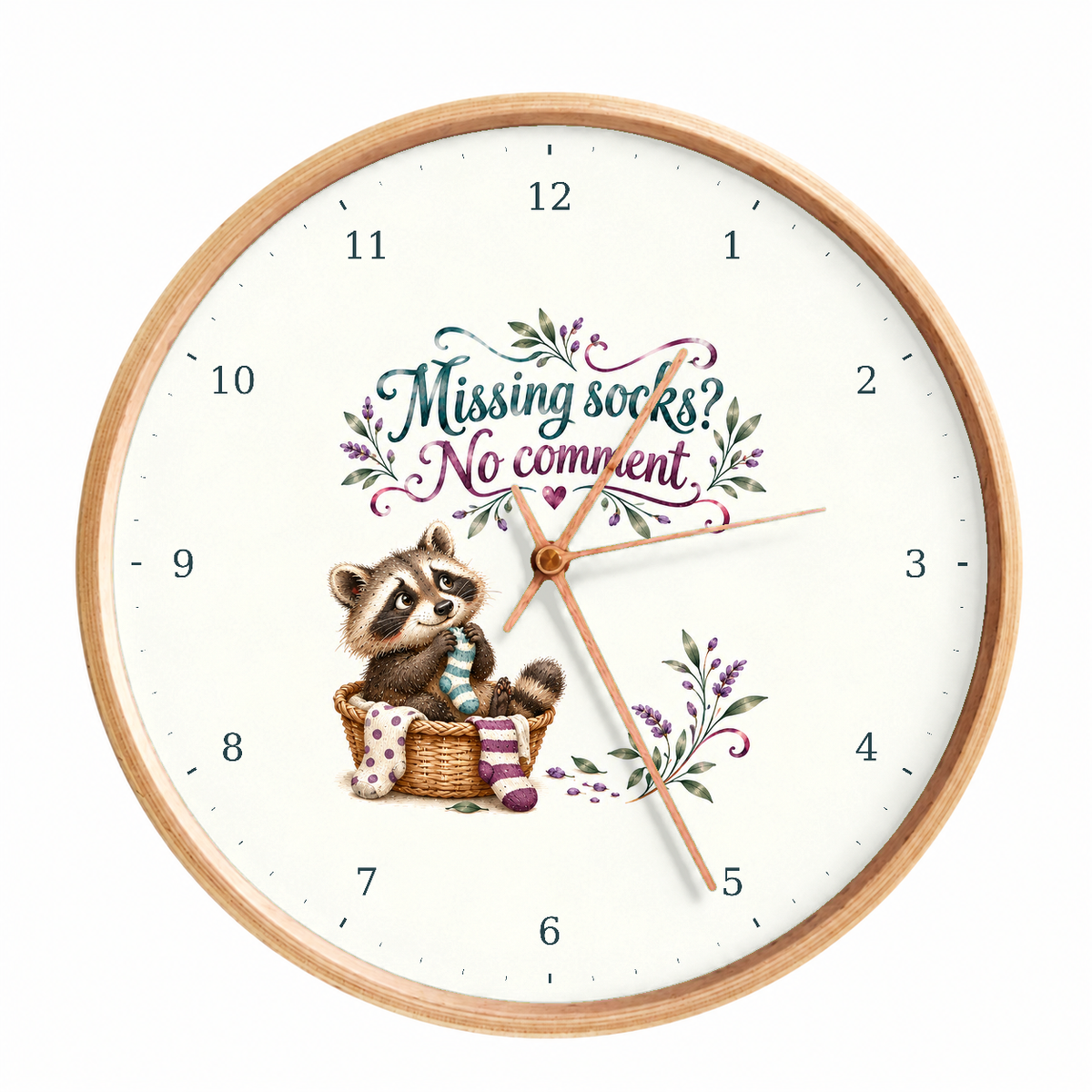 IMAGE_01_Front_-_Funny_Sock_Raccoon_Wall_Clock_30cm_Wooden_Frame_-_WC-H075_-_649310204236.png