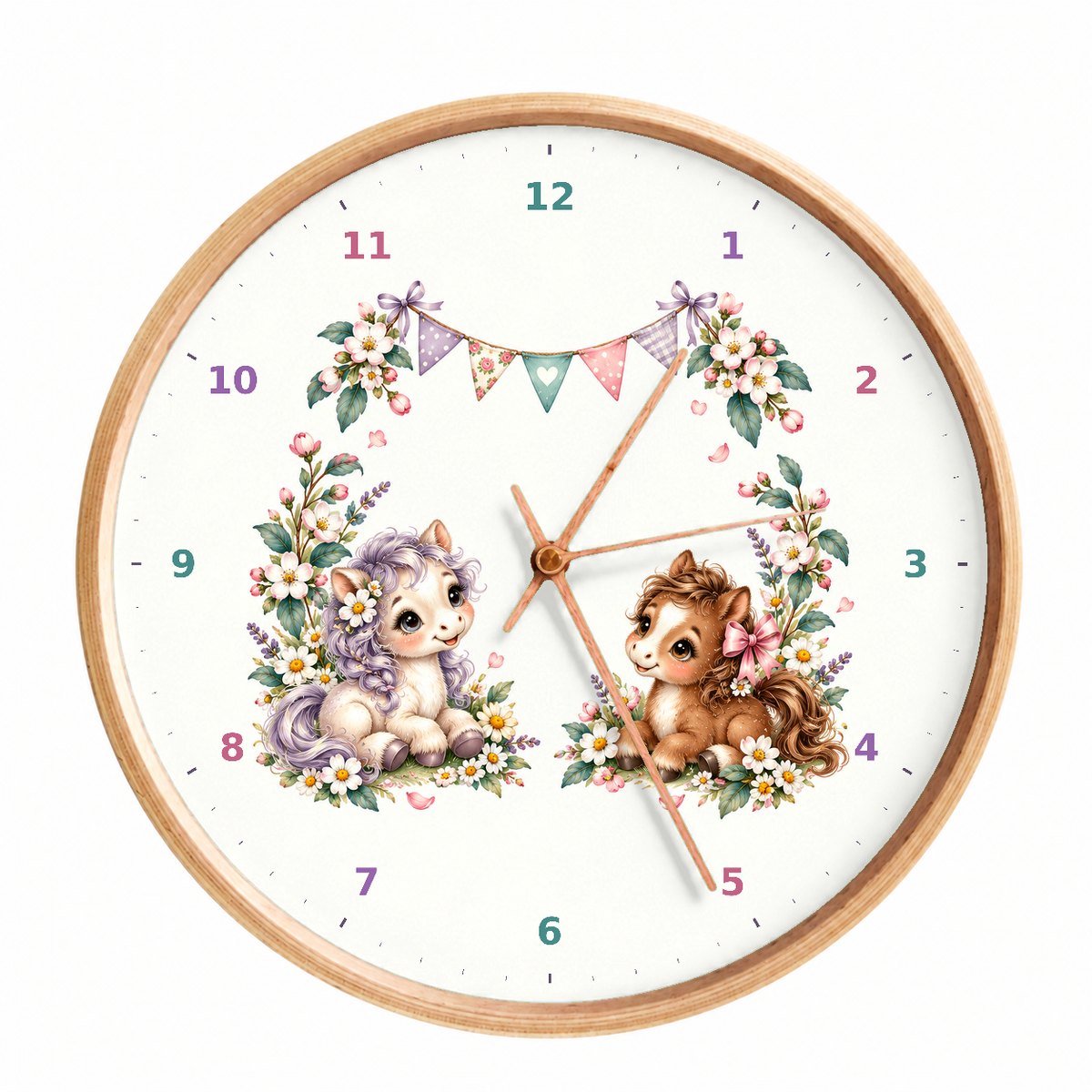 IMAGE_01_Front_-_Kids_Pony_Flowers_Wall_Clock_30cm_Wooden_Frame_-_WC-K109_-_649310204571.png