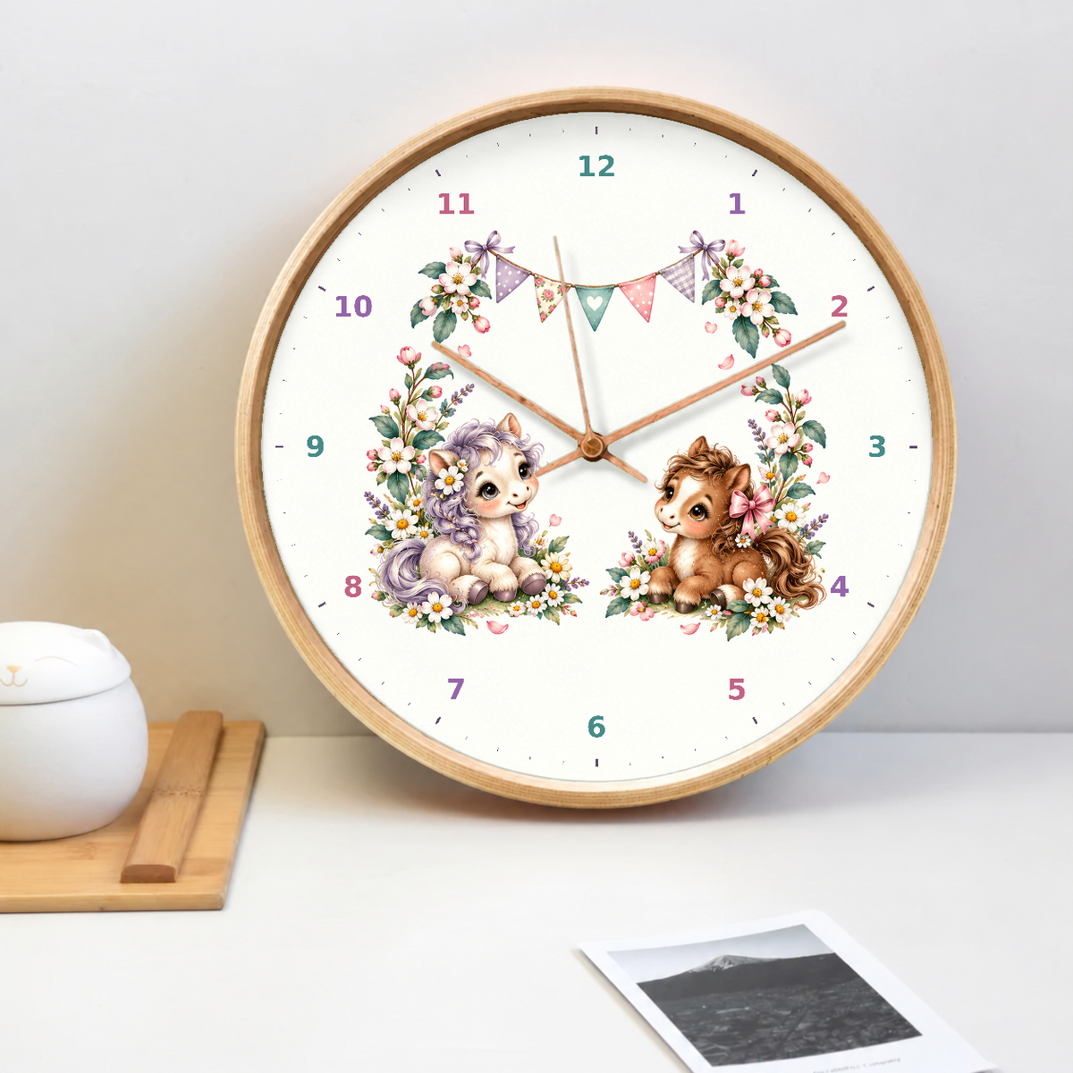IMAGE_02_Tabletop_-_Kids_Pony_Flowers_Wall_Clock_30cm_Wooden_Frame_-_WC-K109_-_649310204571.png