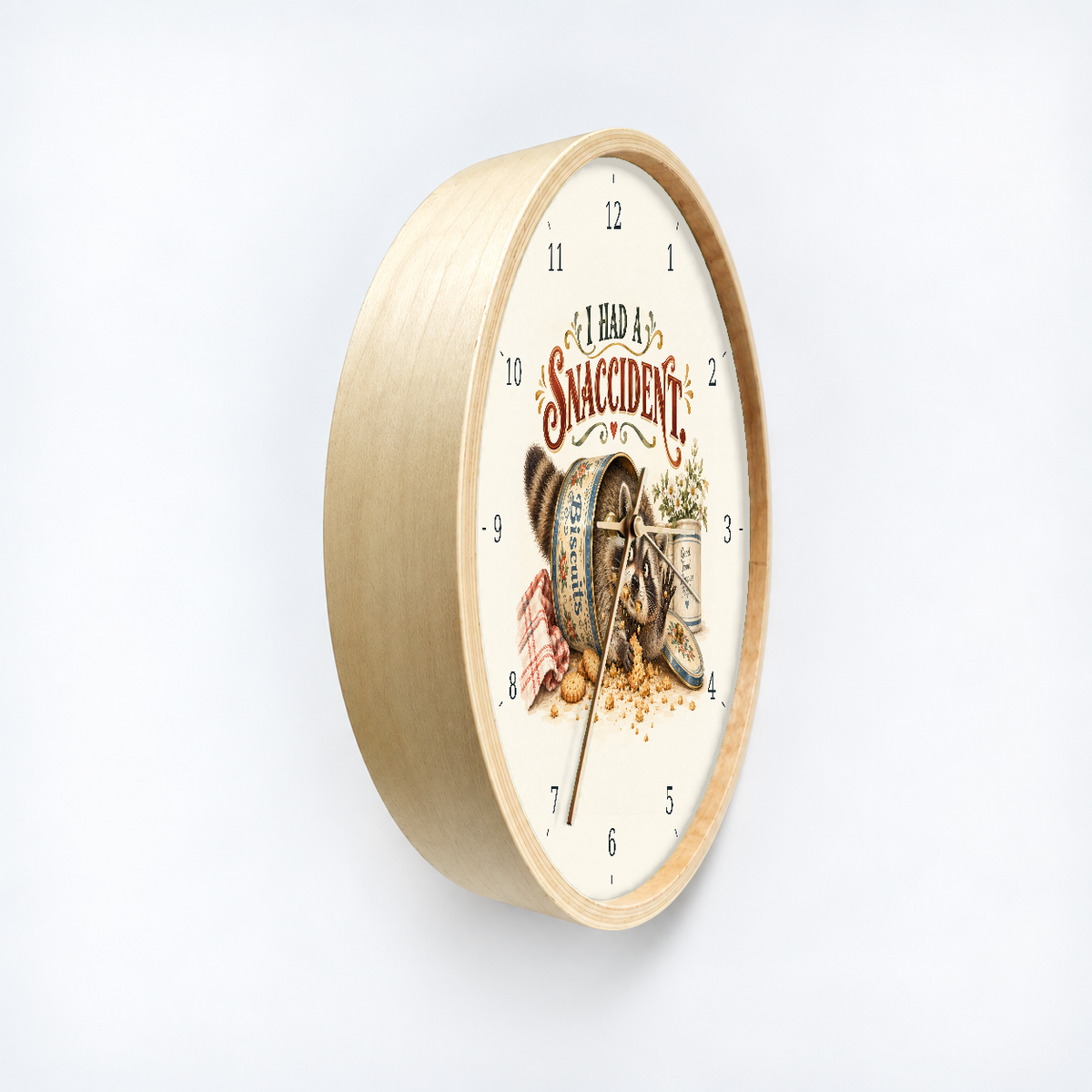 IMAGE_03_Angled_-_Funny_Snaccident_Raccoon_Wall_Clock_30cm_Wooden_Frame_-_WC-H057_-_649310204052.png