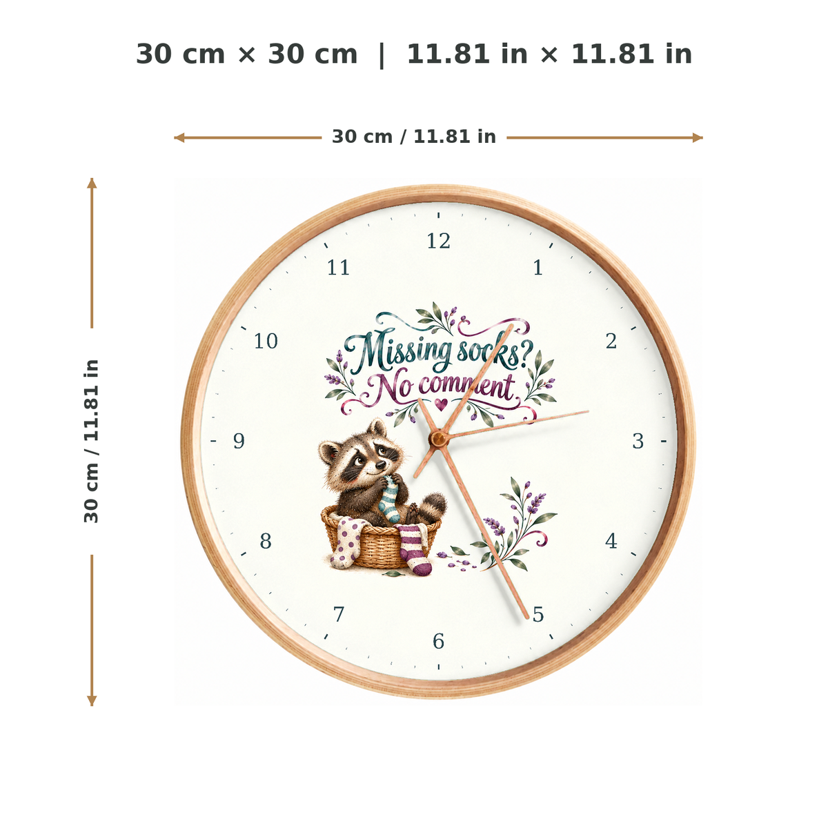 IMAGE_05_Measurements_-_Funny_Sock_Raccoon_Wall_Clock_30cm_Wooden_Frame_-_WC-H075_-_649310204236.png