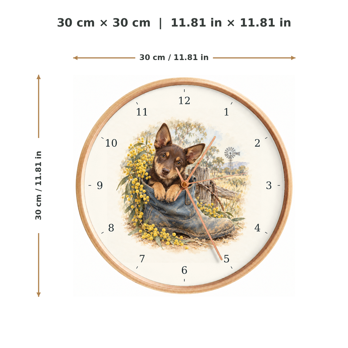IMAGE_05_Measurements_-_Kelpie_in_a_Boot_Wall_Clock_30cm_Wooden_Frame_-_WC-D034_-_649310203826.png