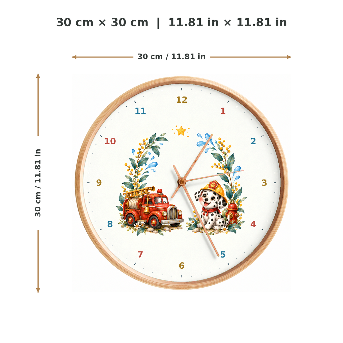 IMAGE_05_Measurements_-_Kids_Fire_Engine_Wall_Clock_30cm_Wooden_Frame_-_WC-K098_-_649310204465.png