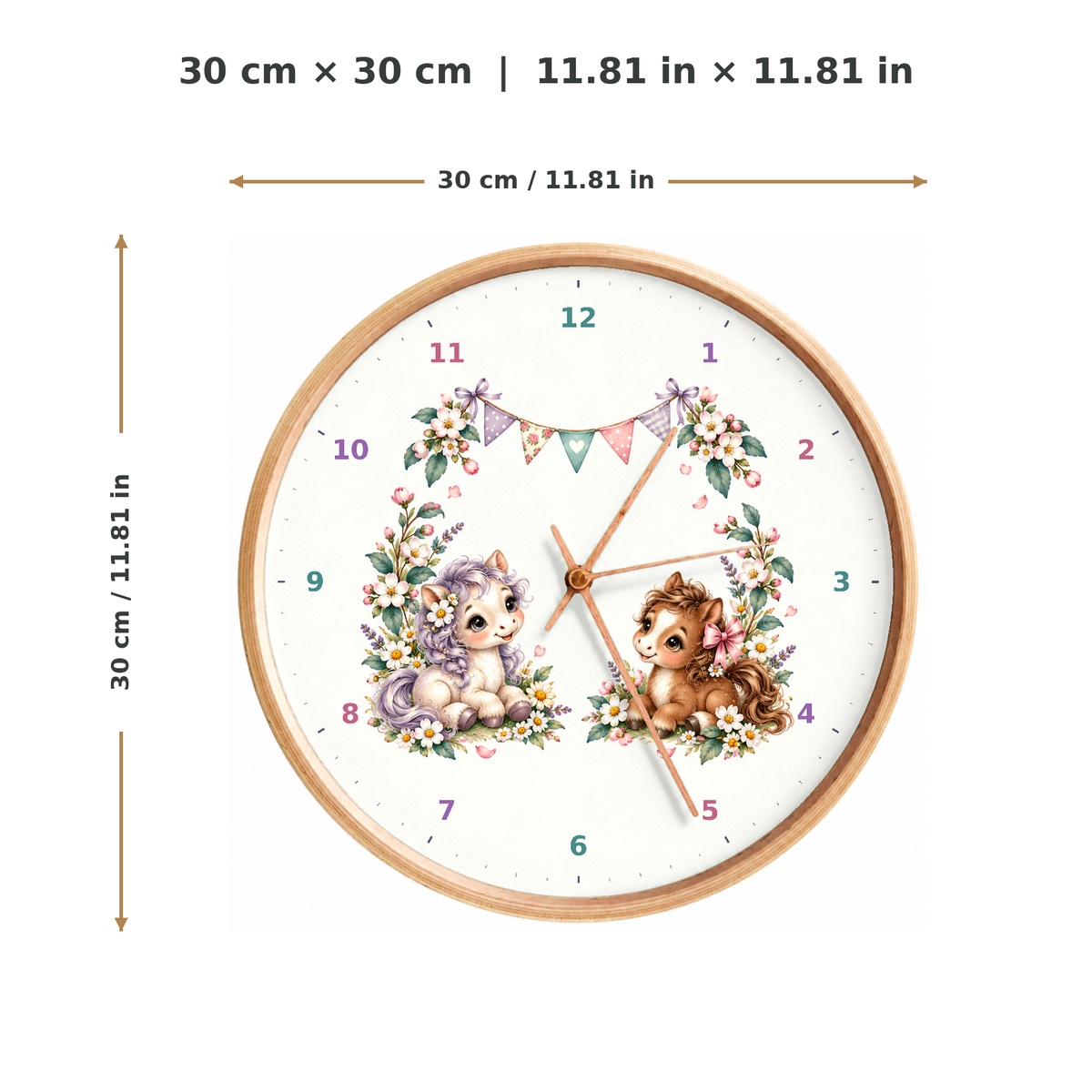 IMAGE_05_Measurements_-_Kids_Pony_Flowers_Wall_Clock_30cm_Wooden_Frame_-_WC-K109_-_649310204571.png