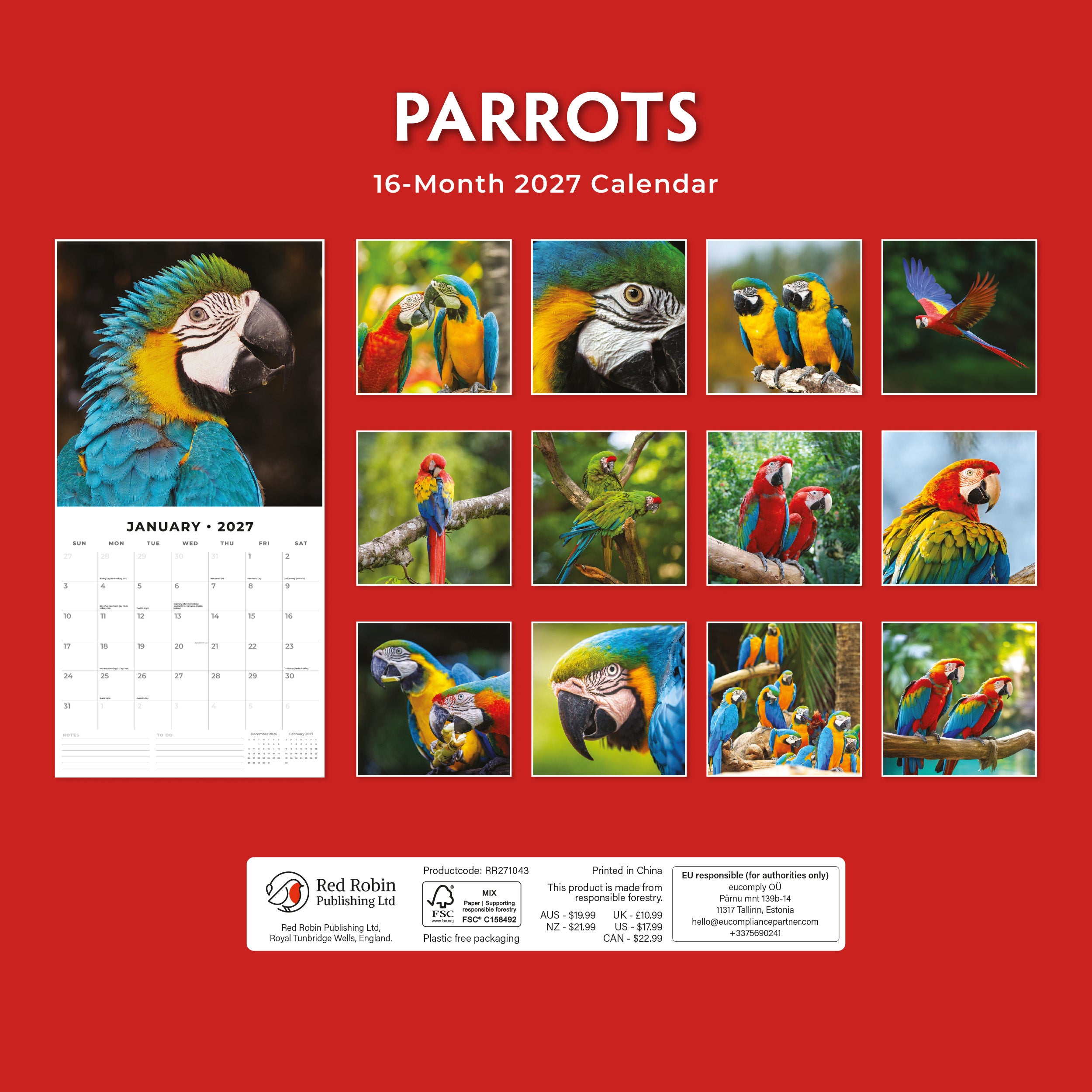 2027 Parrots - Square Wall Calendar