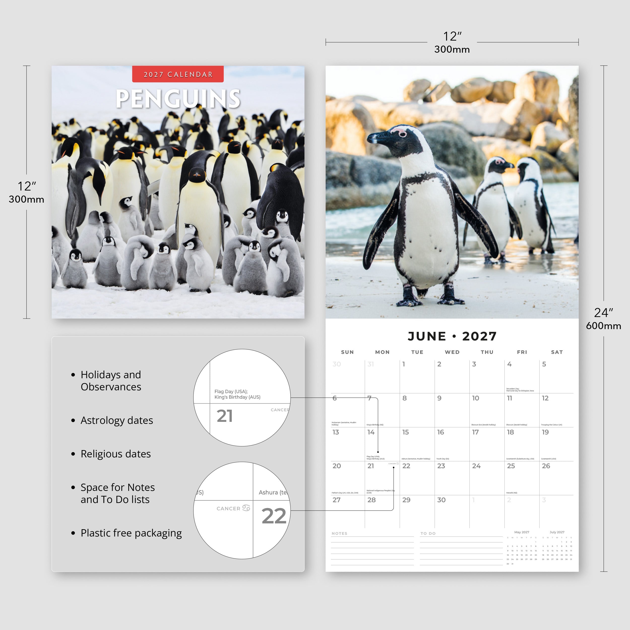 2027 Penguins - Square Wall Calendar