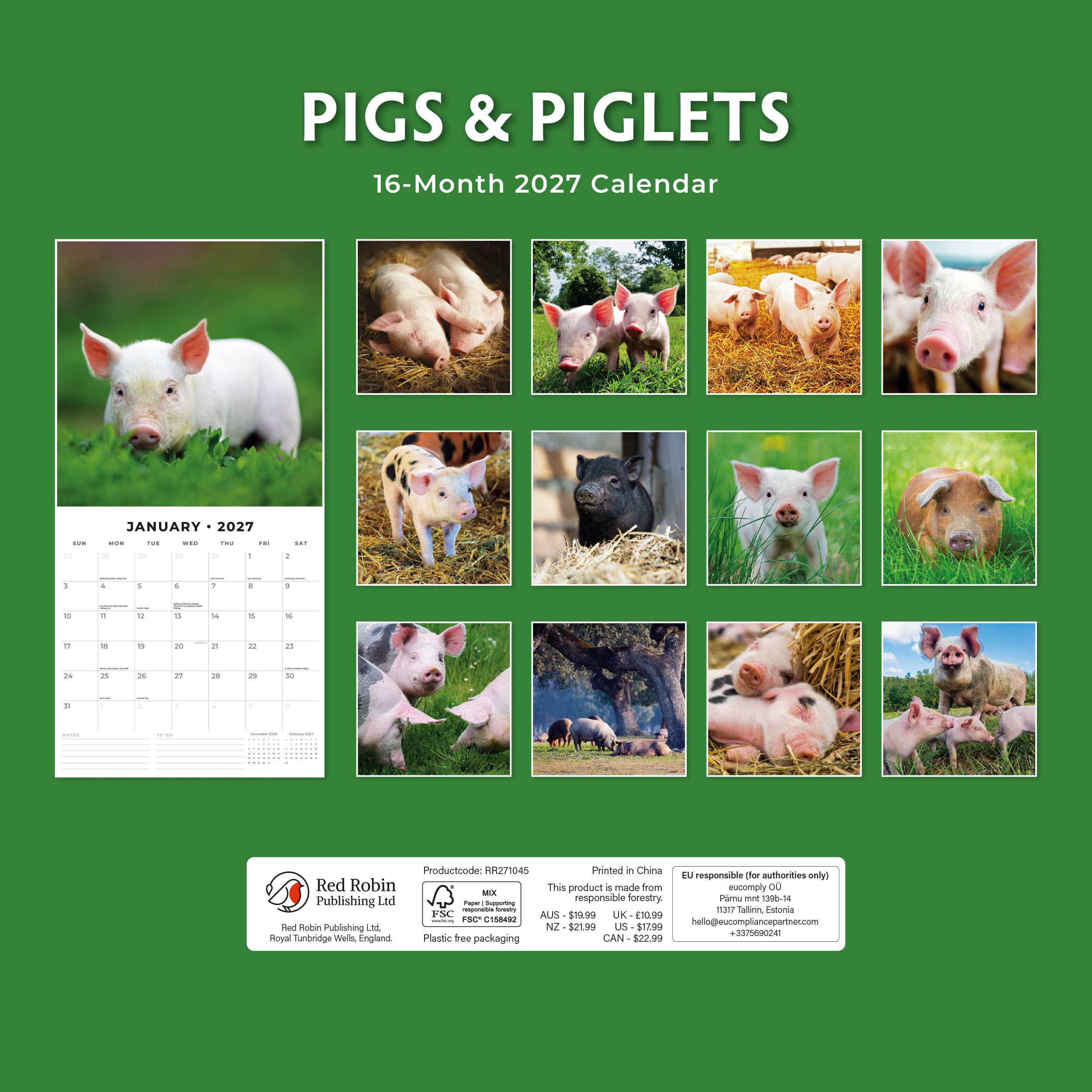 2027 Pigs & Piglets - Square Wall Calendar