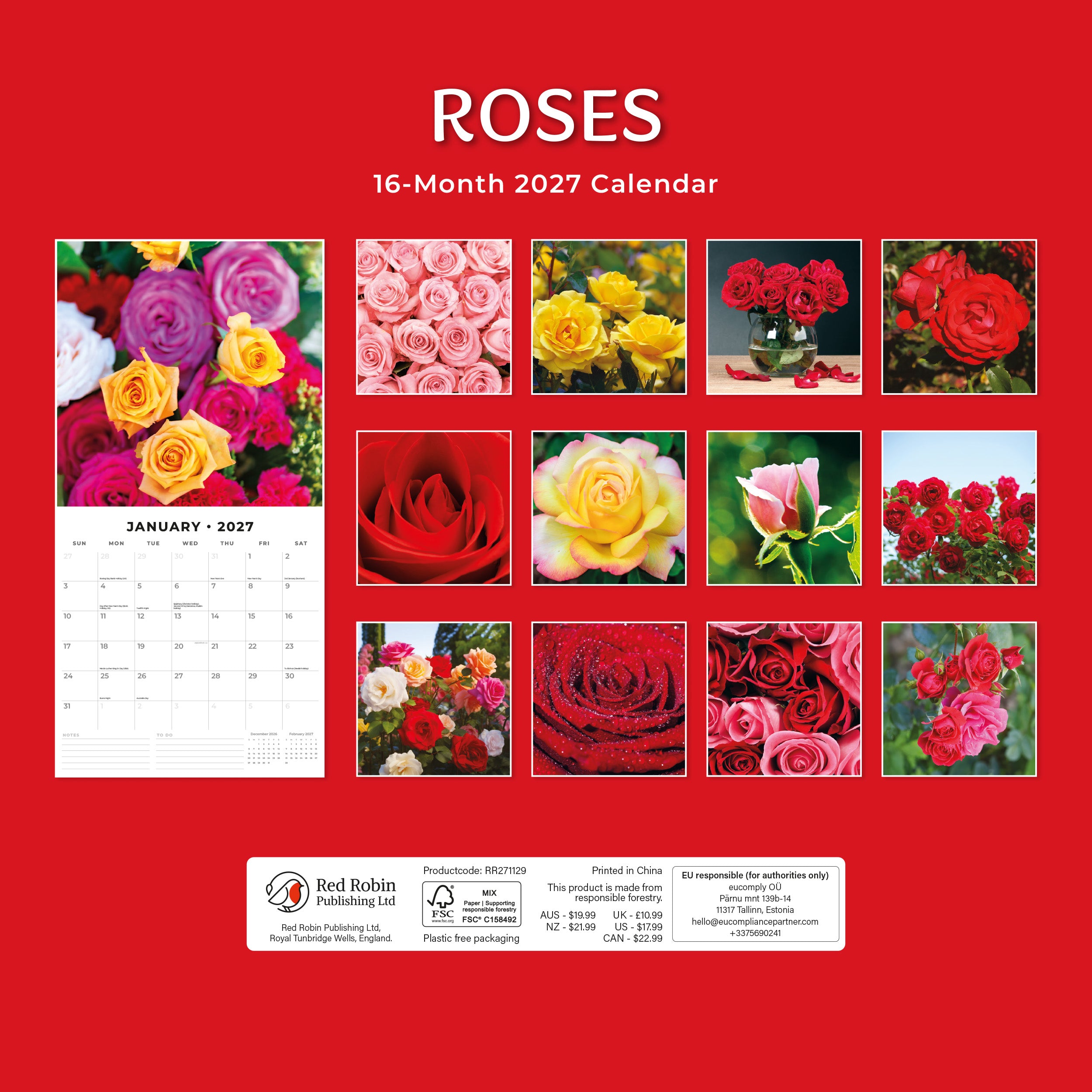 2027 Roses - Square Wall Calendar