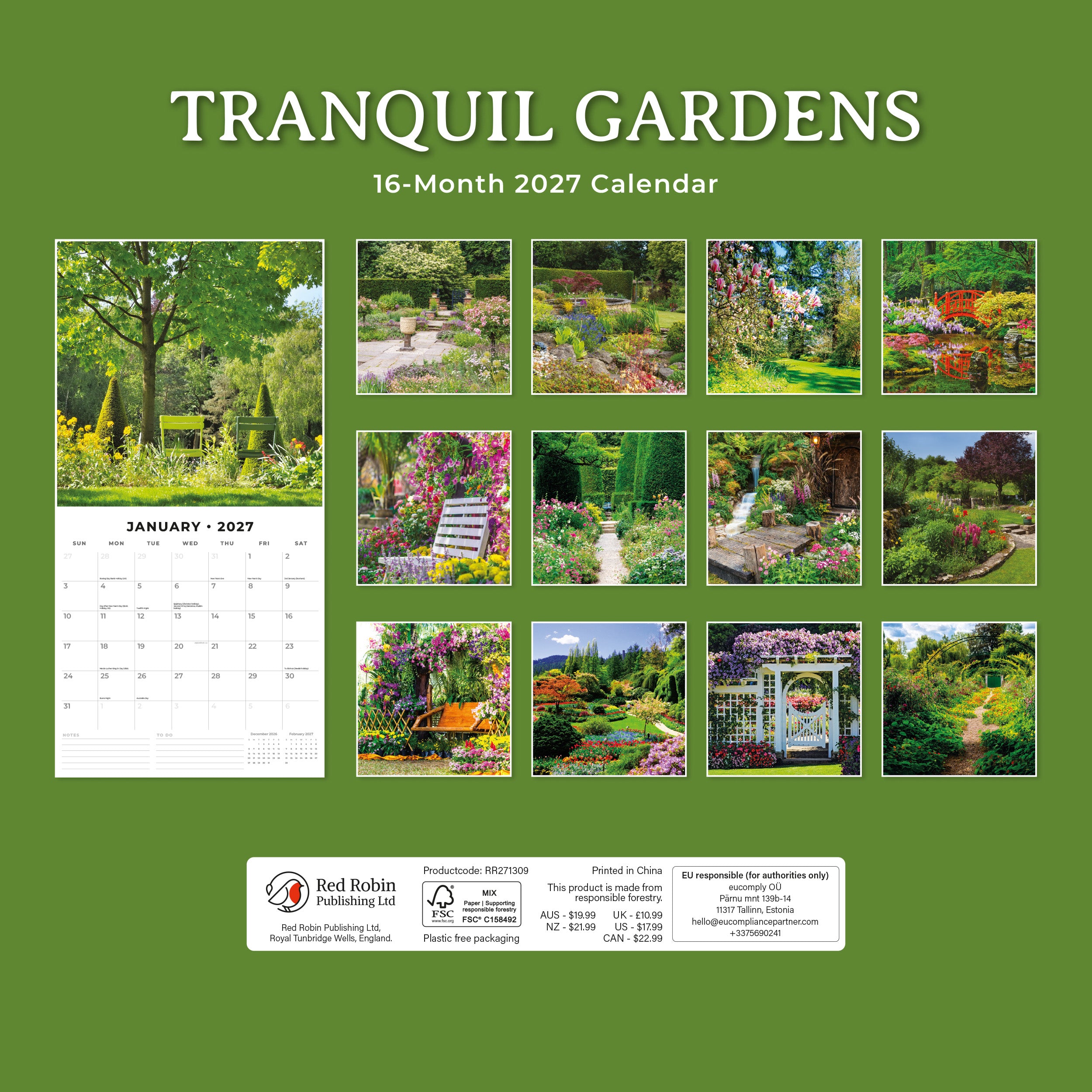 2027 Tranquil Gardens - Square Wall Calendar