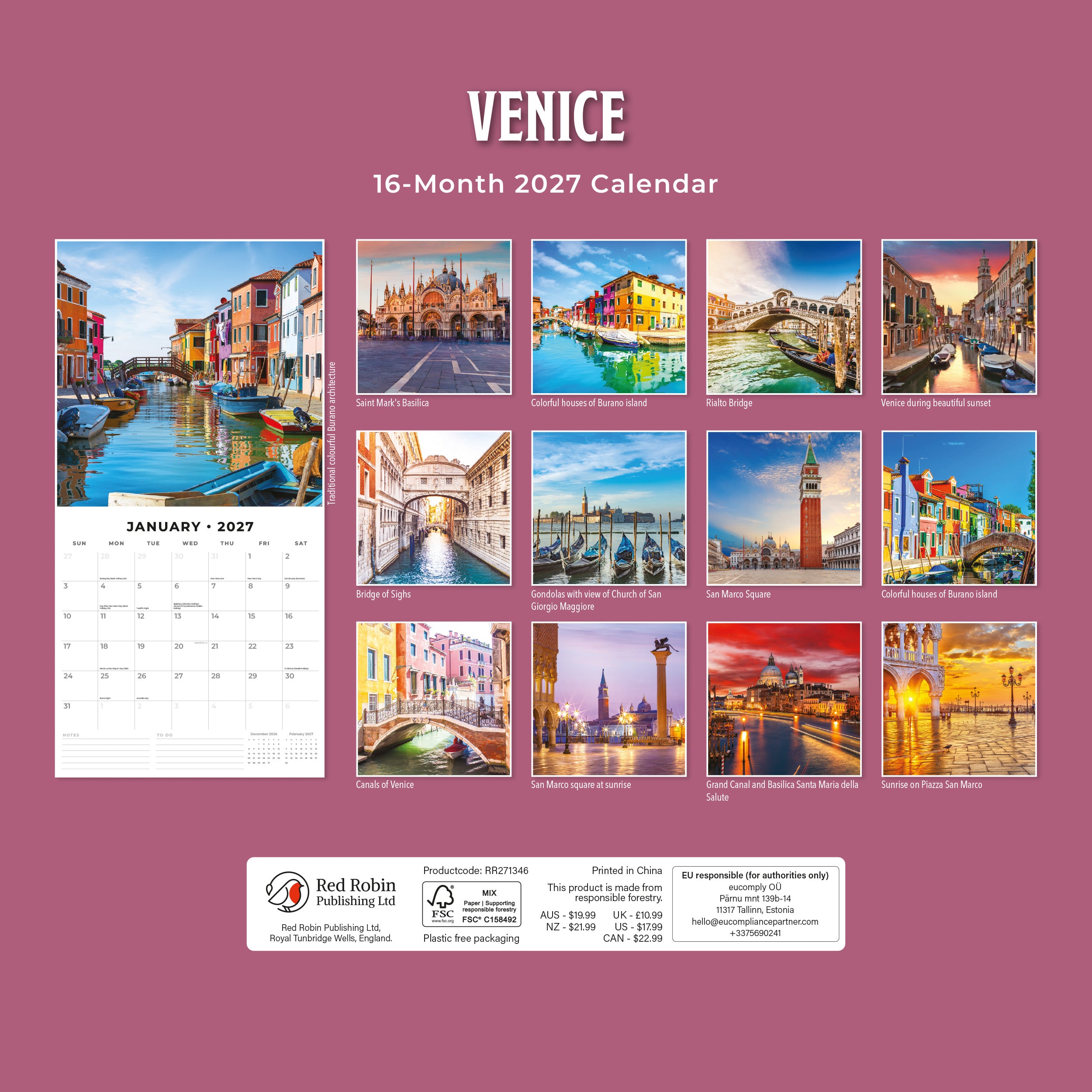 2027 Venice - Square Wall Calendar