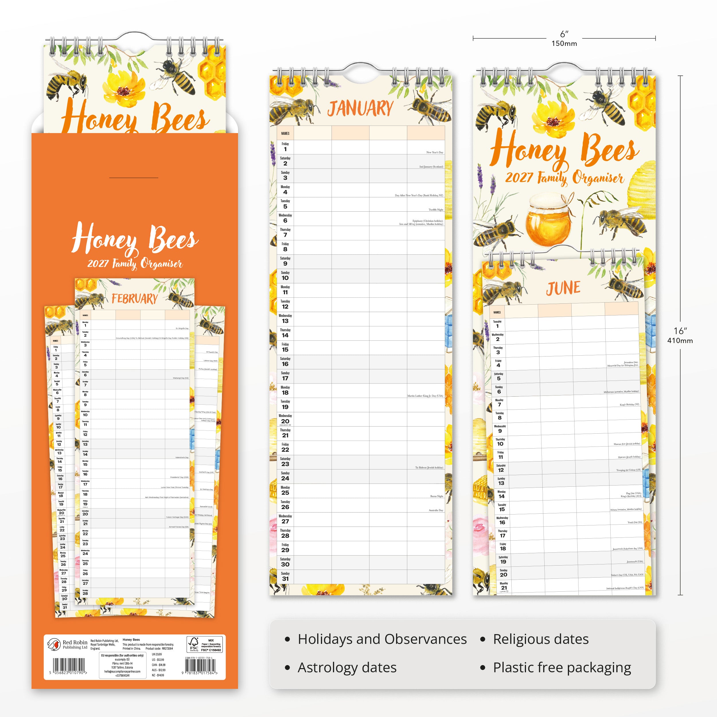 2027 Honey Bees - Slim Wall Calendar