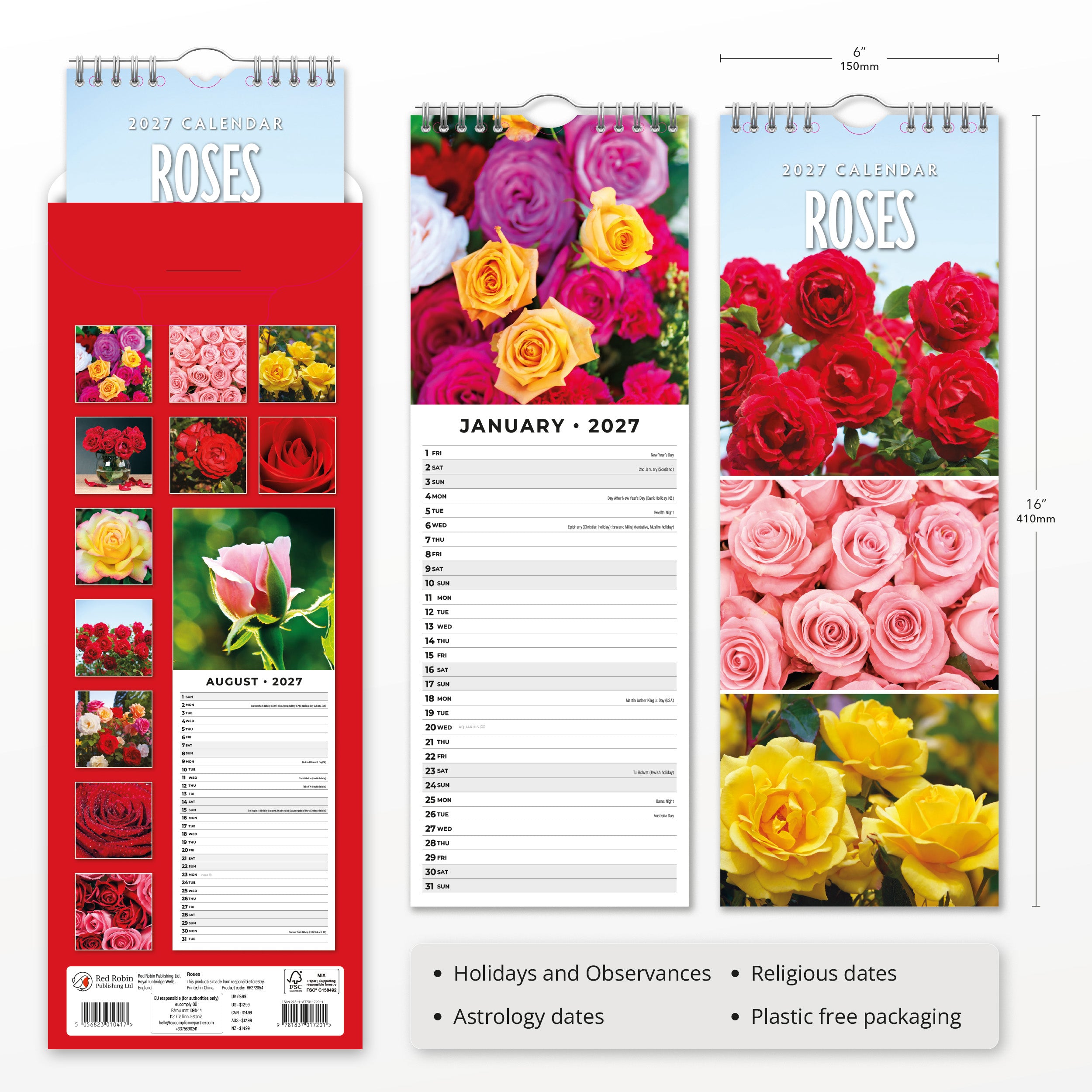 2027 Roses - Slim Wall Calendar