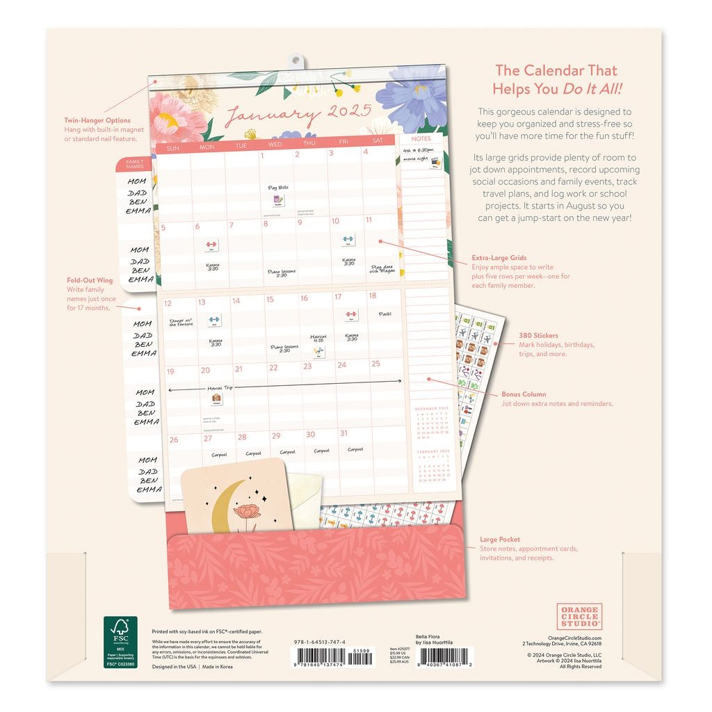 2025 Bella Flora Do It All Wall Family Planner - Deluxe Wall Calendar