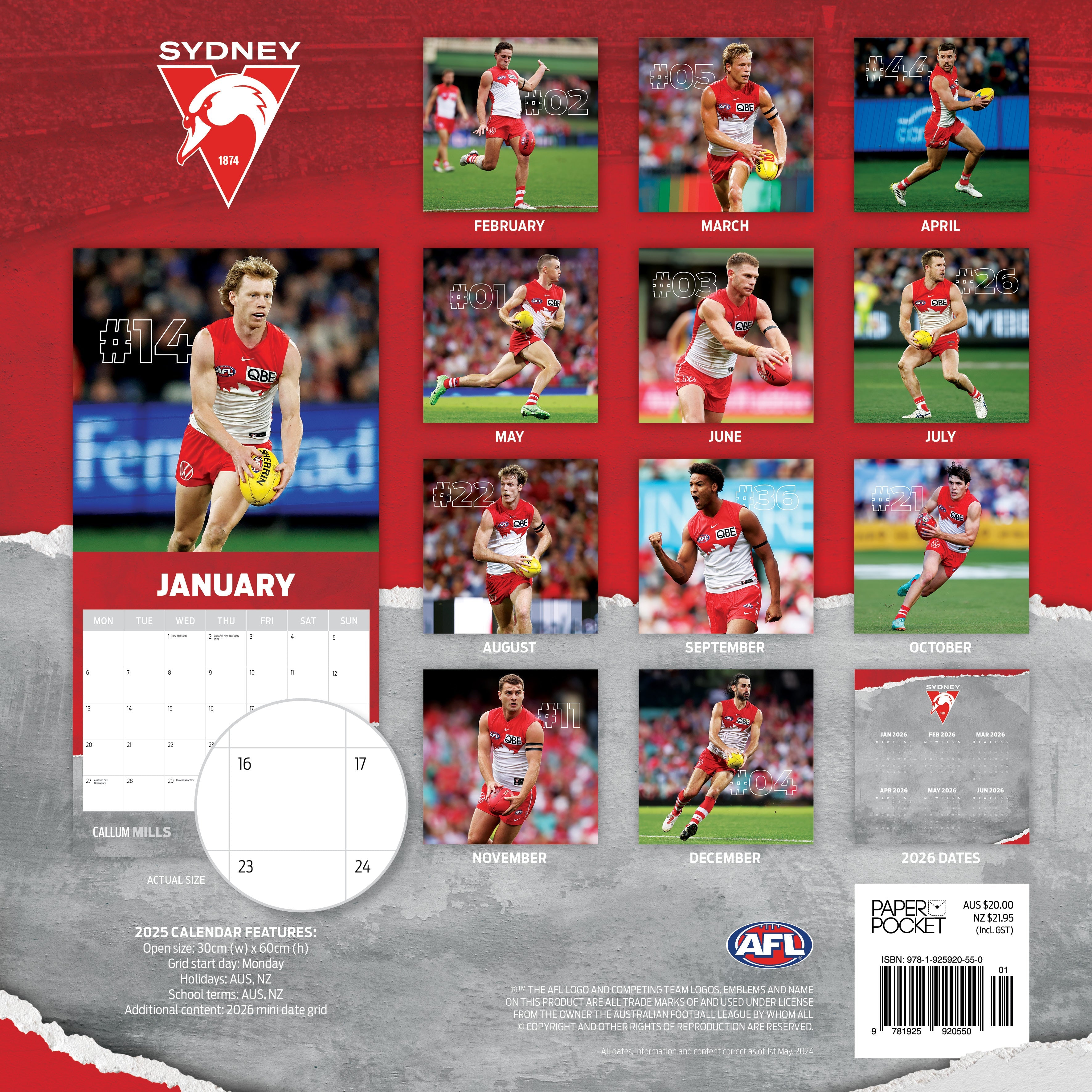 2025 AFL Sydney Swans - Square Wall Calendar