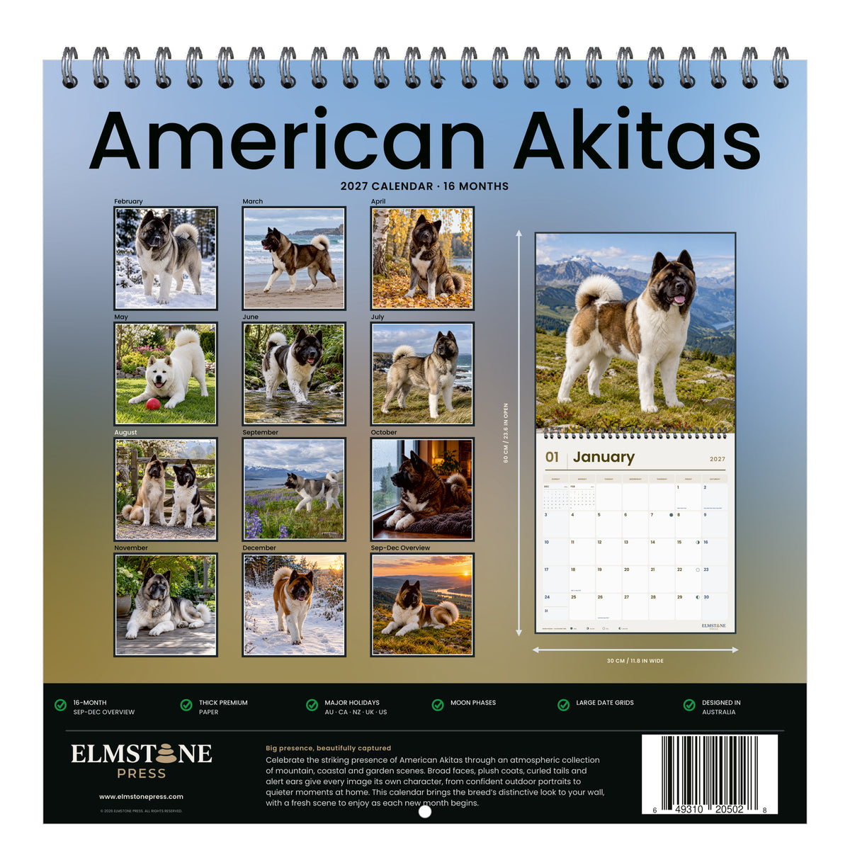 2027 American Akitas Wire-O square wall calendar - back cover