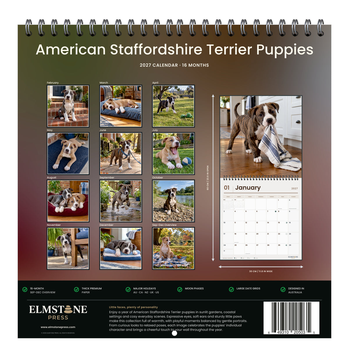 2027 American Staffordshire Terrier Puppies Wire-O square wall calendar - back cover