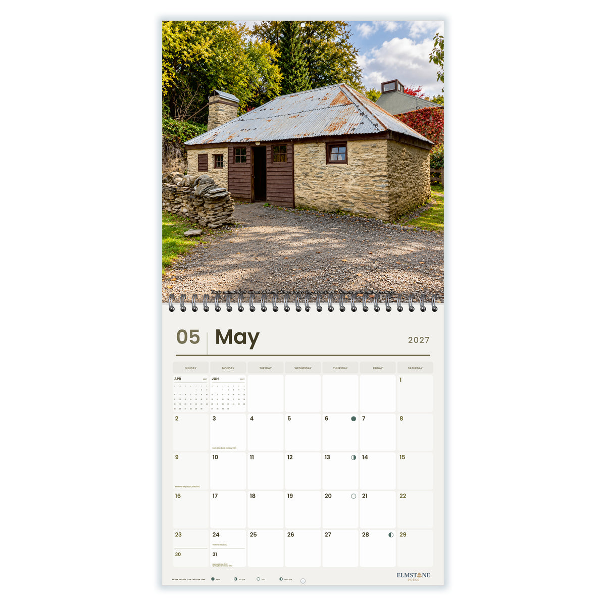 2027 Arrowtown New Zealand Wire-O square wall calendar - may open monthly spread on white